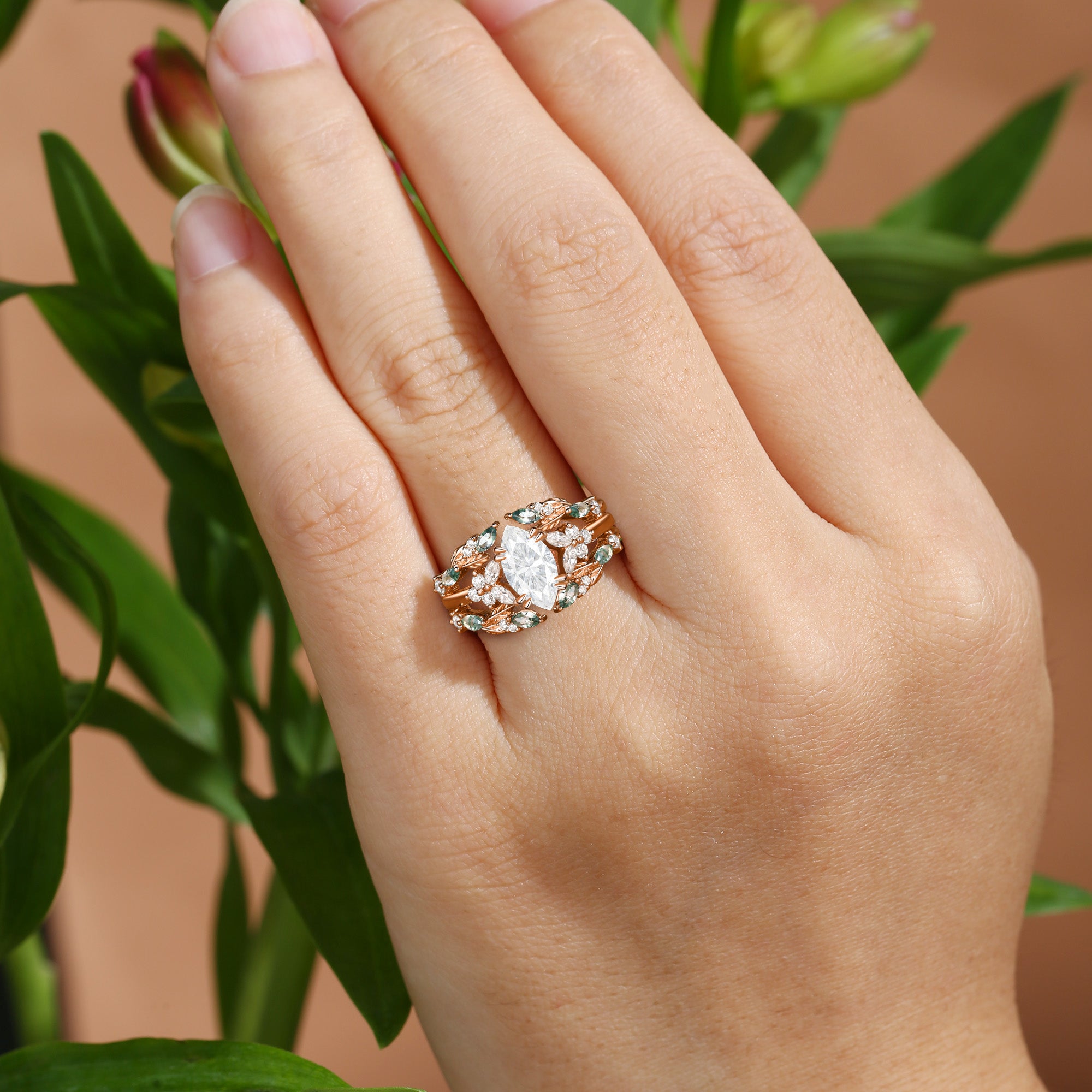 Jasmine - Vintage Marquise Cut Moissanite Cluster Moss Agate Leaf Ring Bridal Set