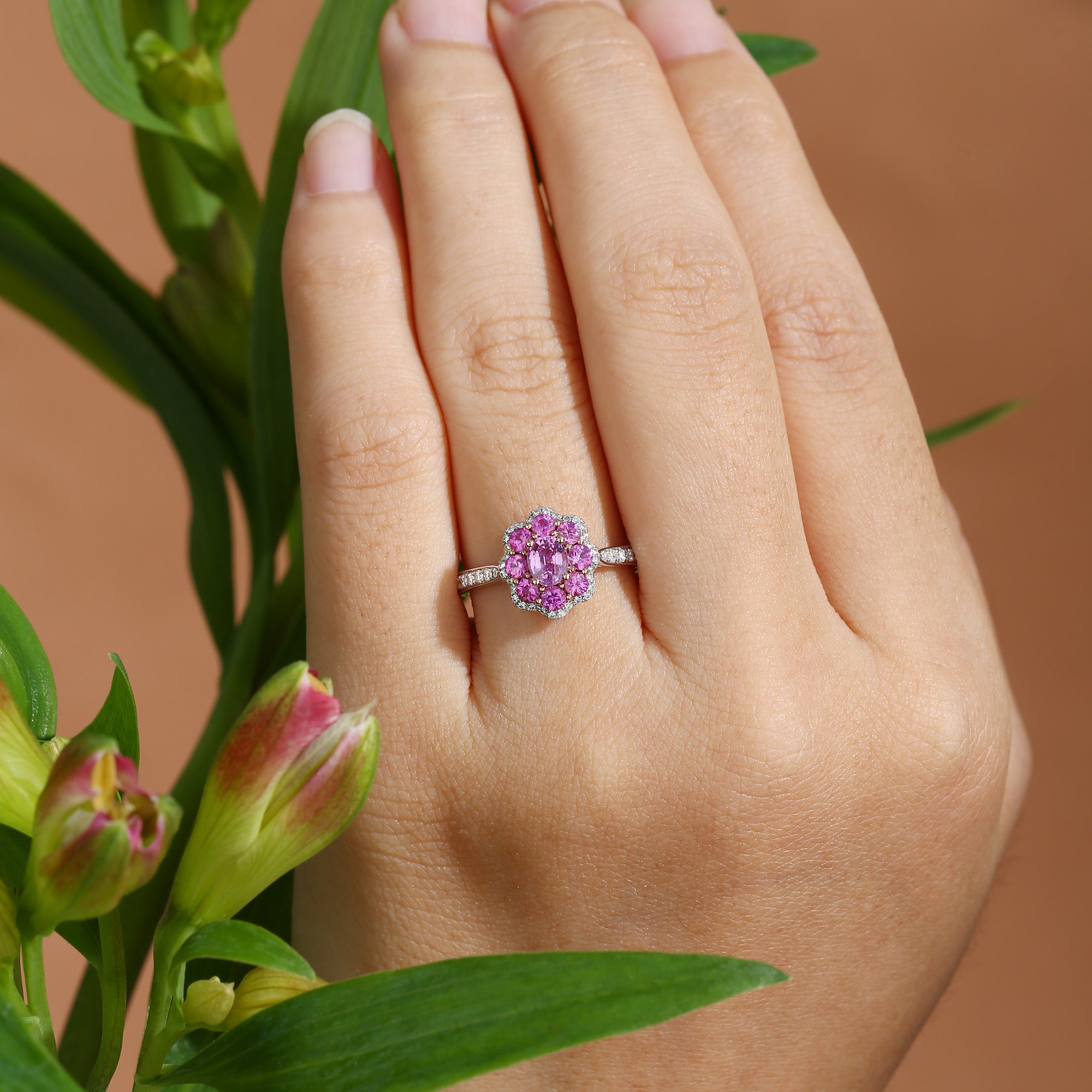 Odessa - Flower Oval Cut Pink Sapphire  Bouble Halo Engagement Ring