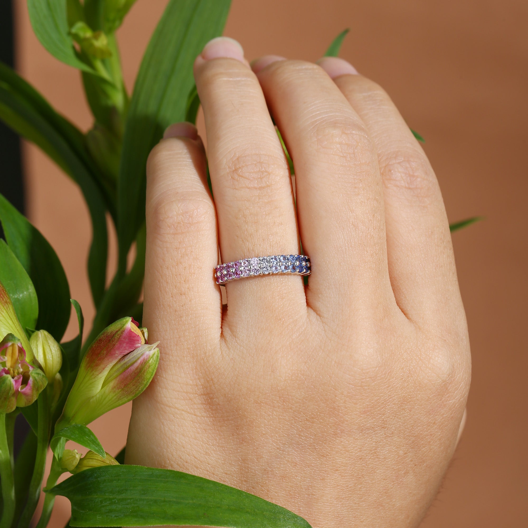 Monet's Garden-Inspired Lab Rainbow Sapphire Wedding Band