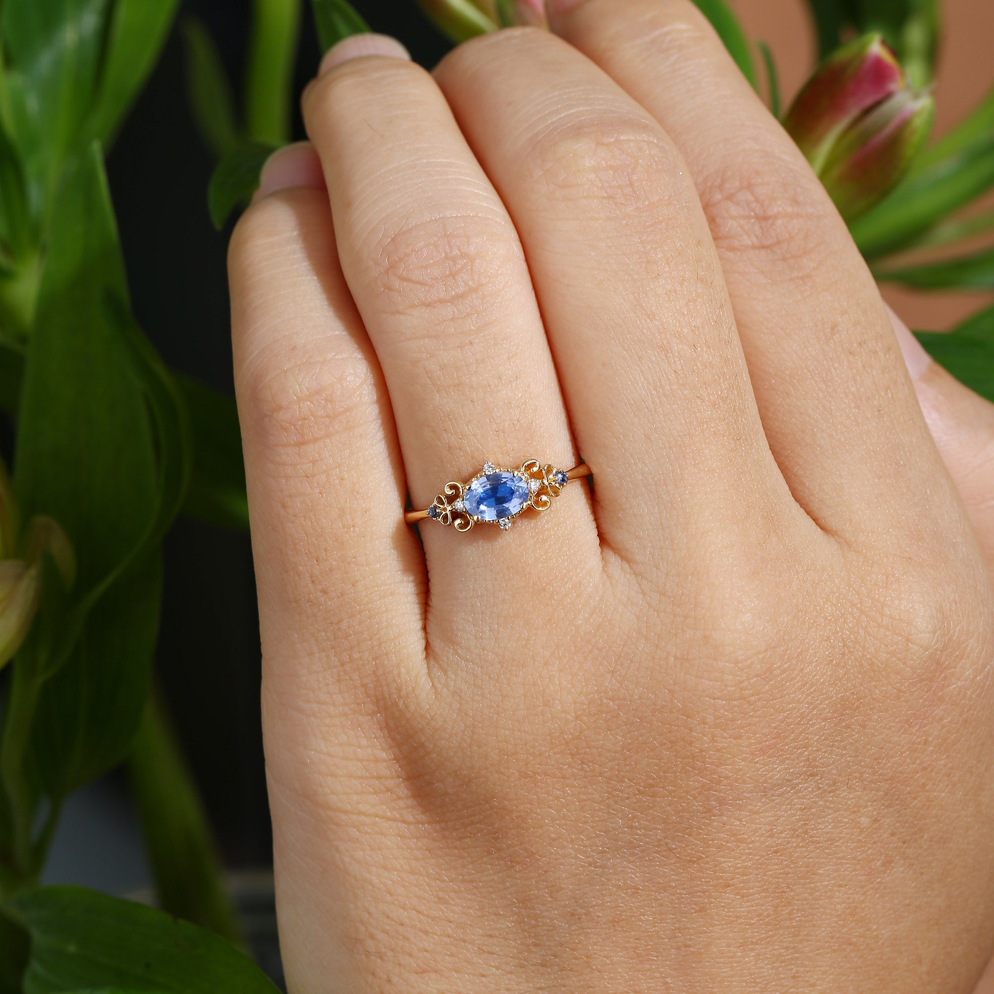 Benedicte - Oval Cut Lab Cornflower Blue Sapphire Butterfly Fairytale Engagement Ring