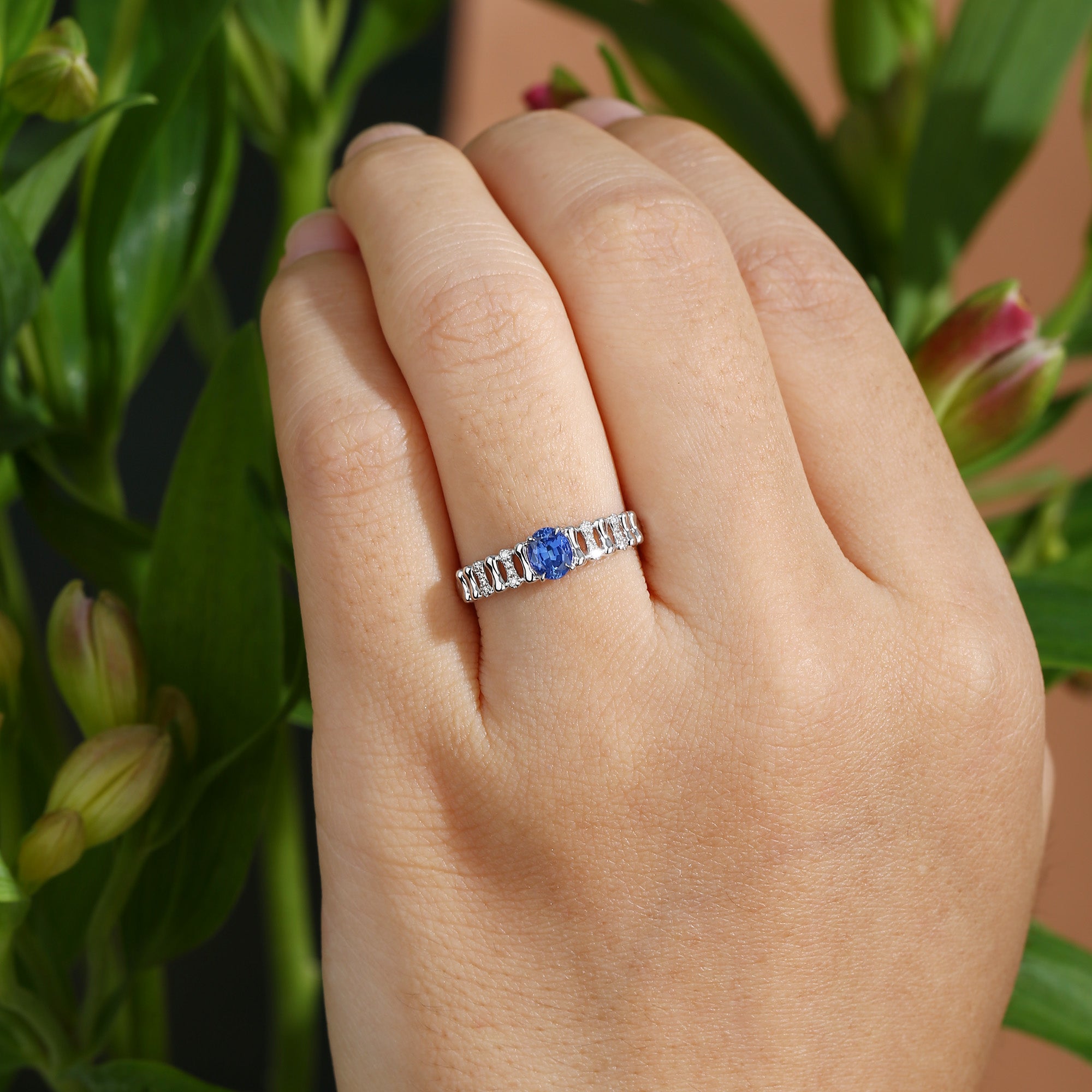 Monet's Garden-Inspired - Oval Cut Lab Royal Blue Sapphire Link Band Ring