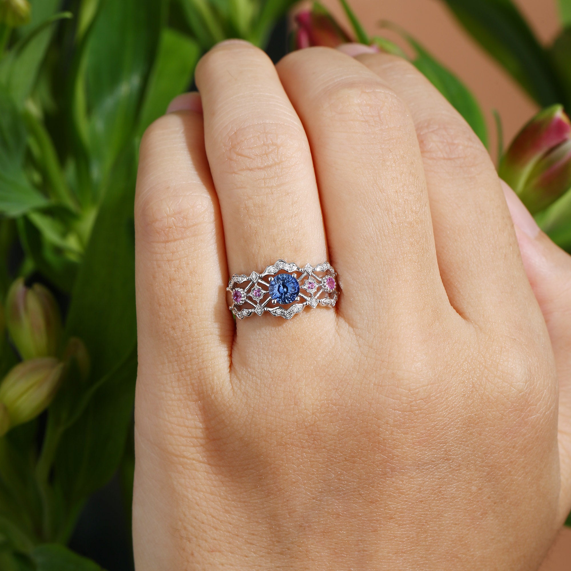 Celeste - Art Deco Round Cut Sapphire Unique Engagement Ring