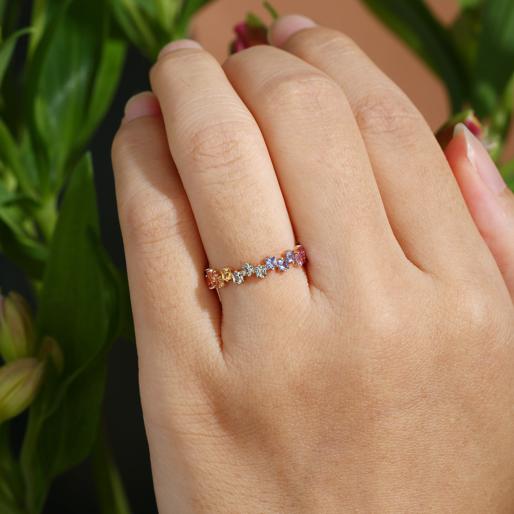 Wedding Band - Unique Princess Cut Rainbow Sapphire Ring Wedding Band