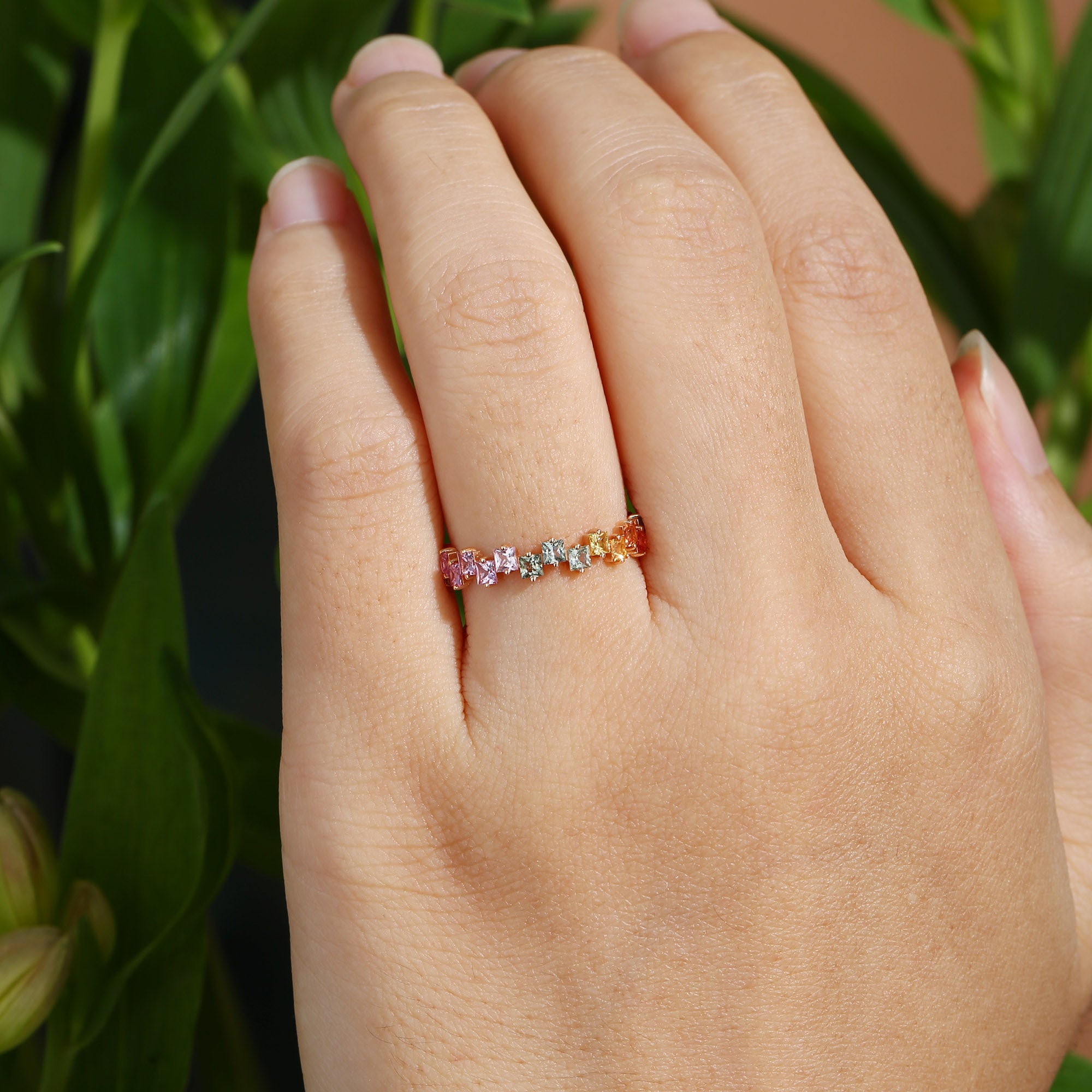 Wedding Band - Unique Princess Cut Rainbow Sapphire Ring Wedding Band