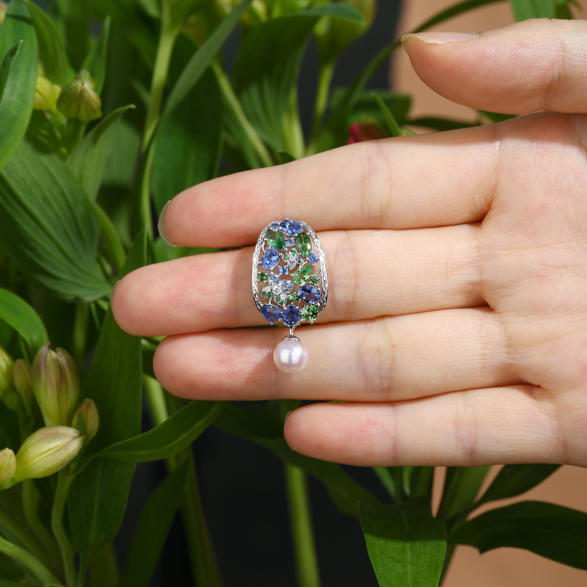 Sapphire & Emerald Flower Pearl Earrings