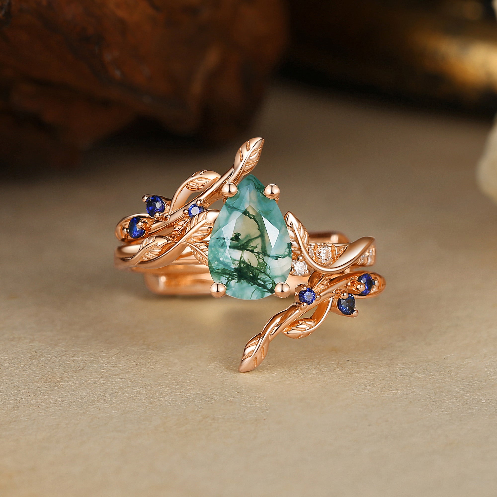 Hyacinthe - Moss Agate & Sapphire Engagement Enhancer Ring Set 2pcs