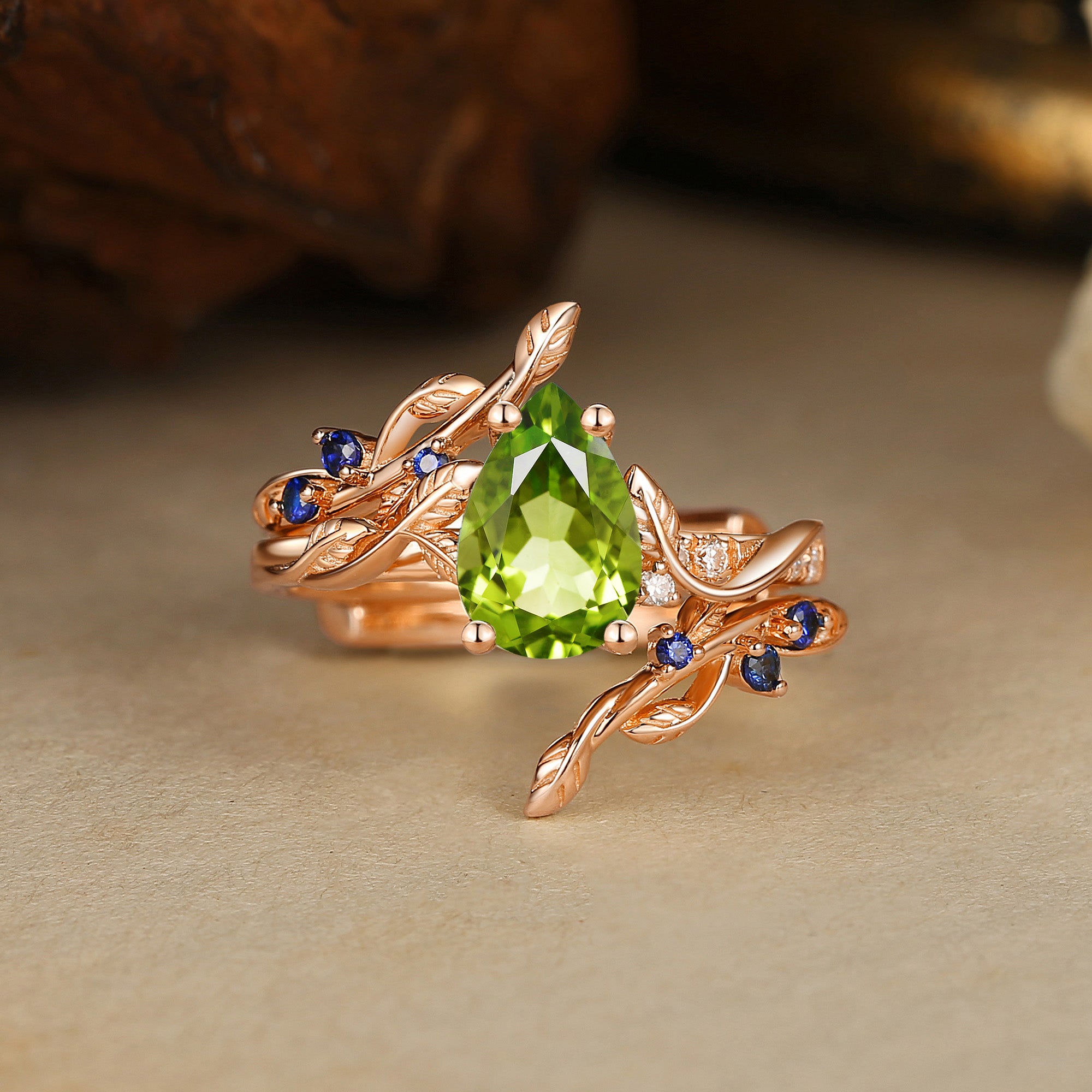 Hyacinthe - Green Peridot & Sapphire Engagement Enhancer Ring Set 2pcs