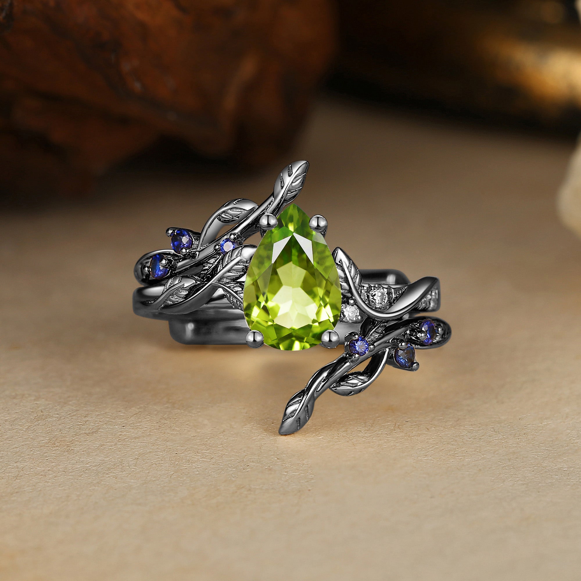 Hyacinthe - Green Peridot & Sapphire Engagement Enhancer Ring Set 2pcs