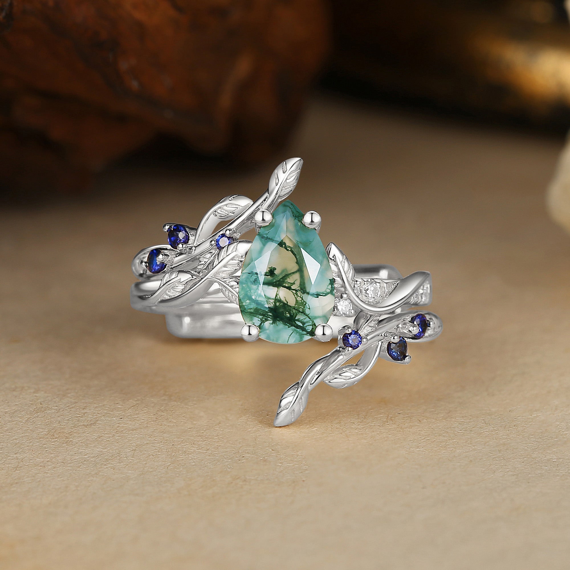 Hyacinthe - Moss Agate & Sapphire Engagement Enhancer Ring Set 2pcs