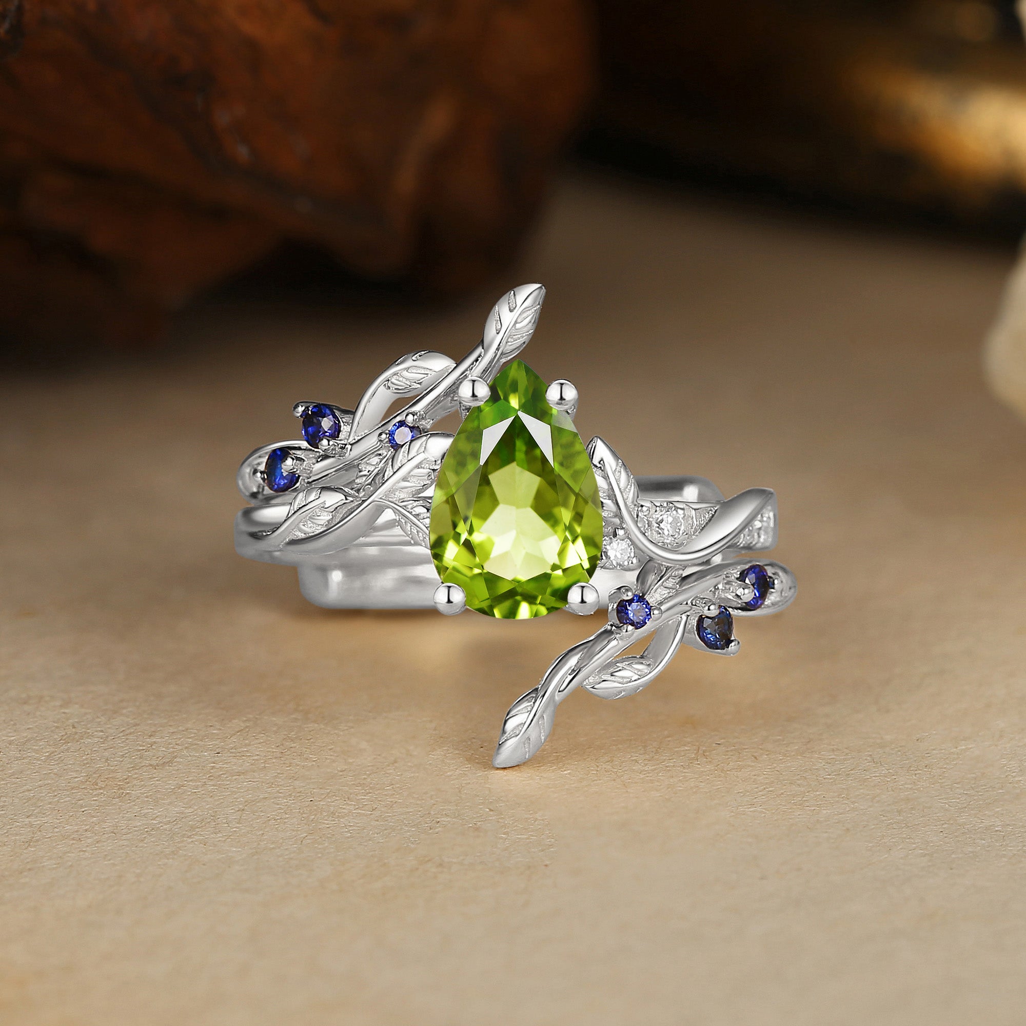 Hyacinthe - Green Peridot & Sapphire Engagement Enhancer Ring Set 2pcs