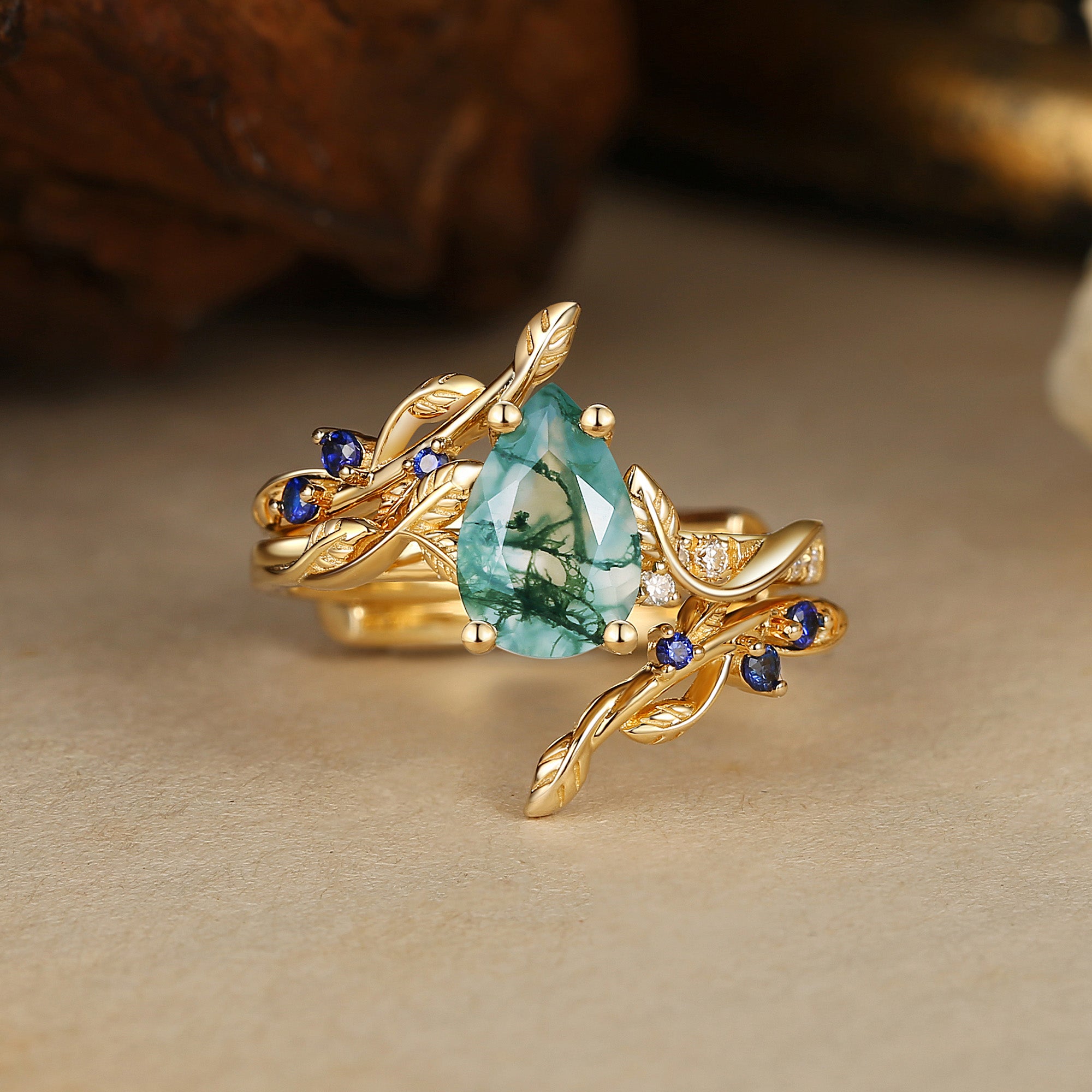 Hyacinthe - Moss Agate & Sapphire Engagement Enhancer Ring Set 2pcs