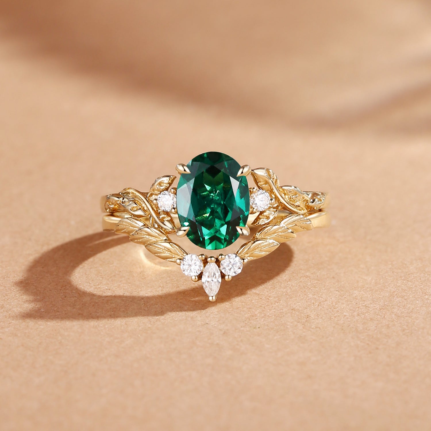 Eden - Nature Inspried Lab Emerald Oval Cut Engagement Ring Set 2pcs