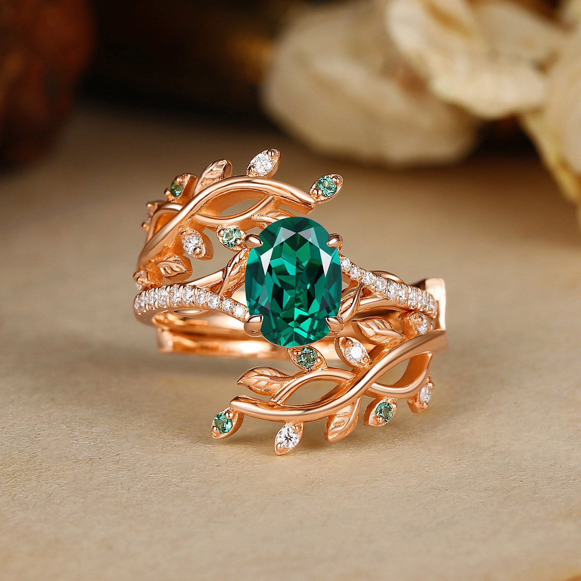 Hermine - Lab Emerald & Alexandrite Engagement Enhancer Ring Set 2pcs