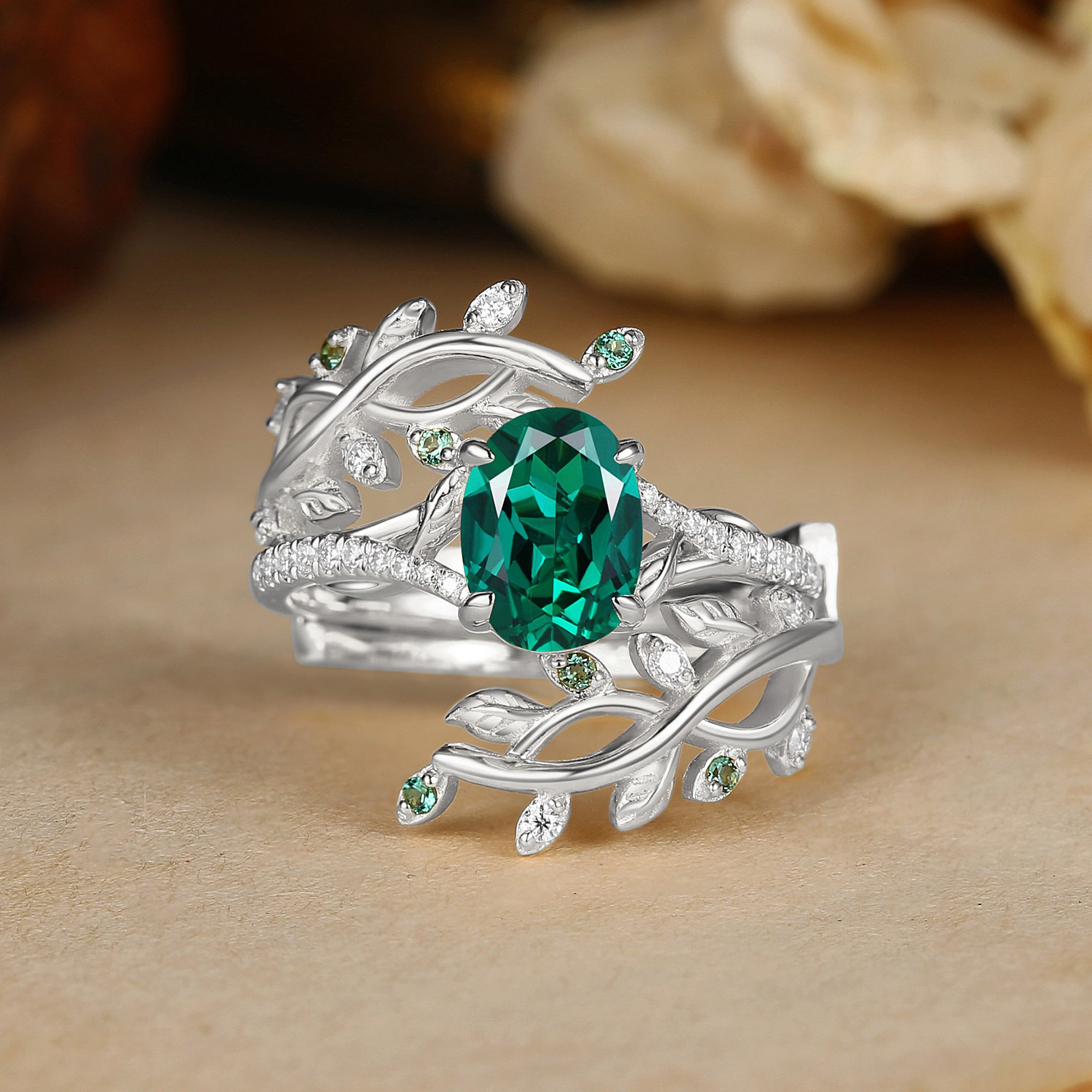 Hermine - Lab Emerald & Alexandrite Engagement Enhancer Ring Set 2pcs
