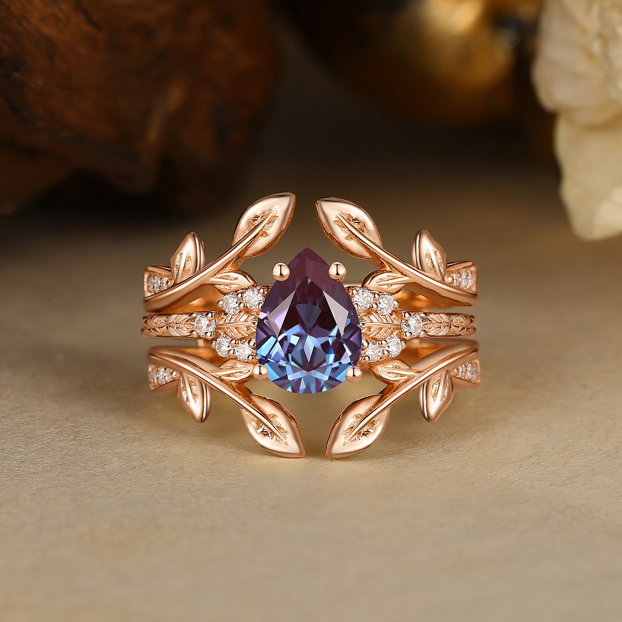 Laurianne - Pear Alexandrite Double Curved Ring Set 2pcs