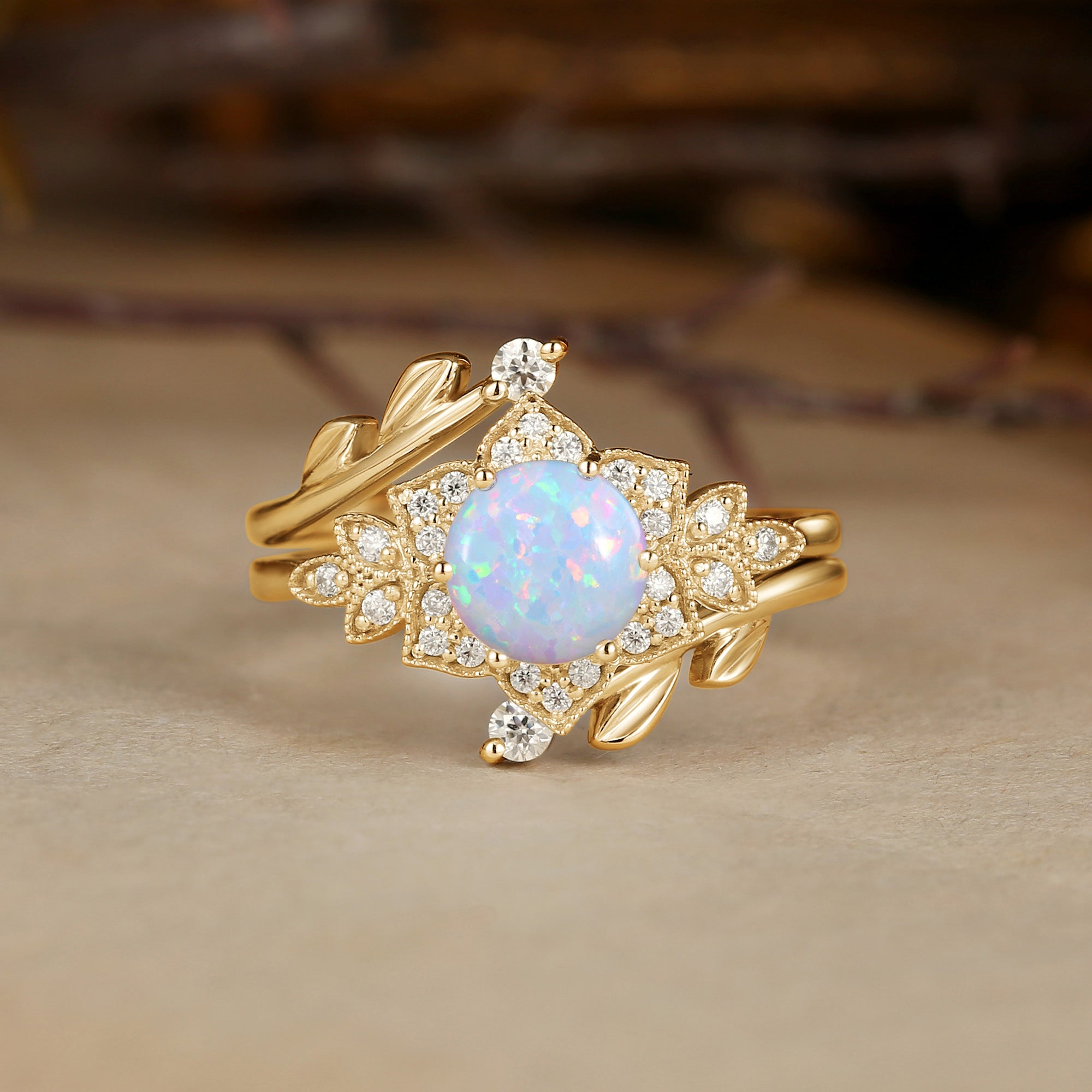 Daisy - Round Cut Opal Flower Vintage Engagement Ring Set 2pcs