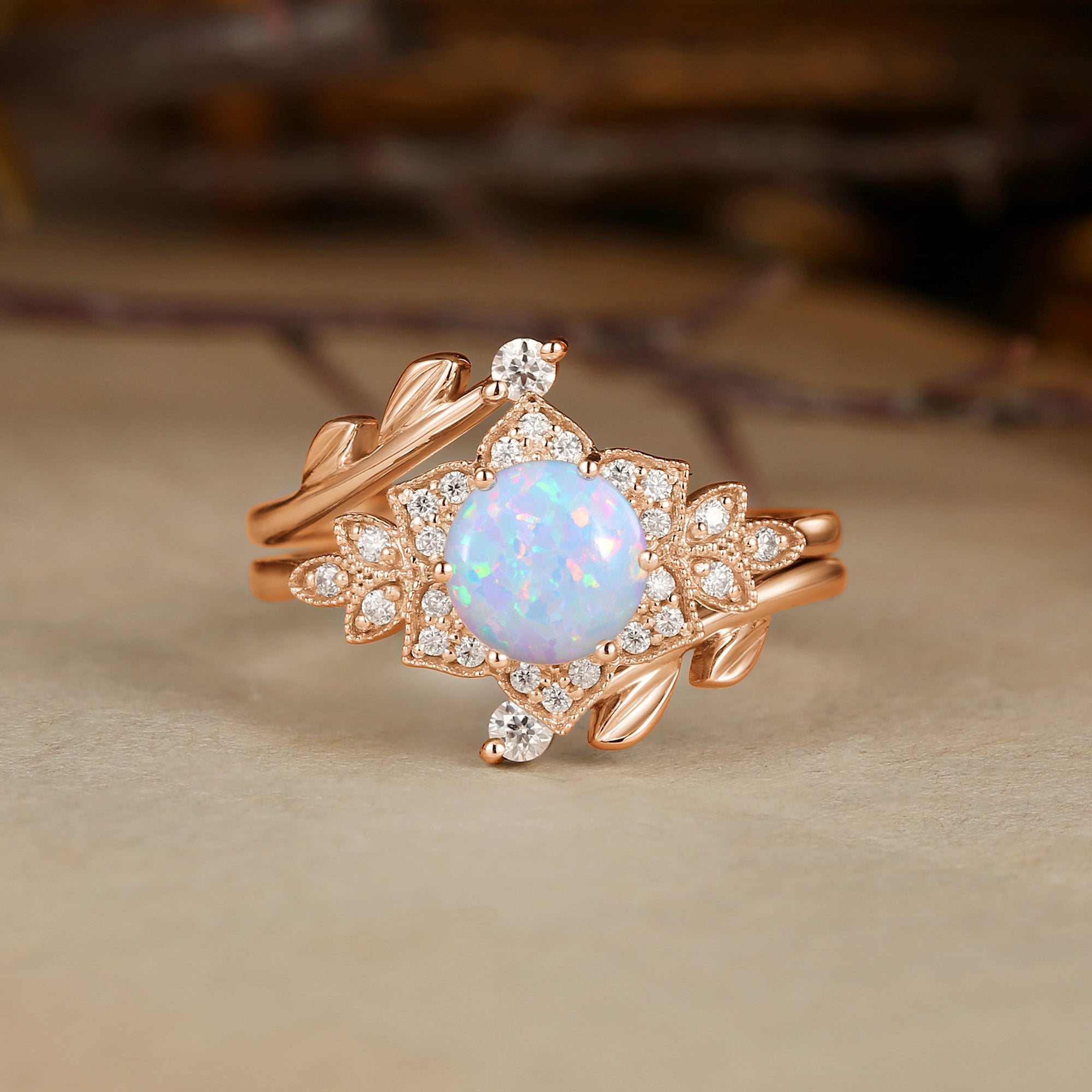 Daisy - Round Cut Opal Flower Vintage Engagement Ring Set 2pcs