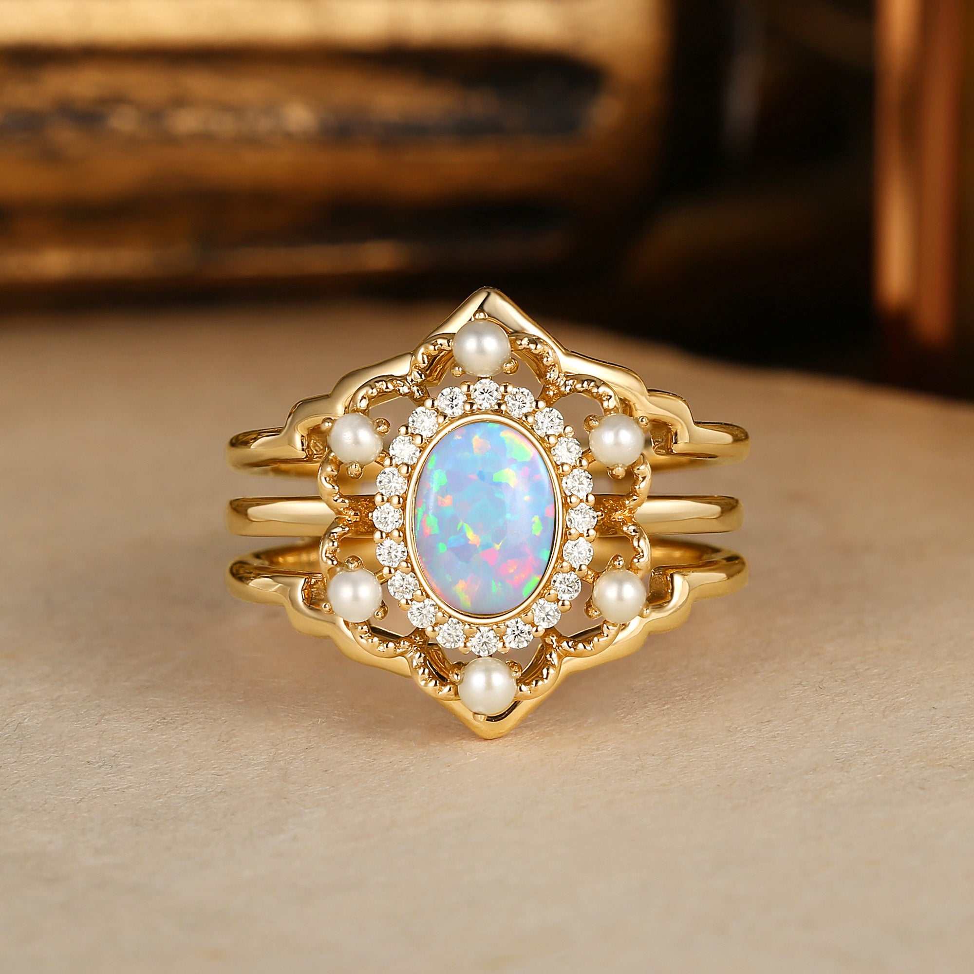 Opaline - Opal & Pearl Halo Vintage Engagement Ring Set 2pcs