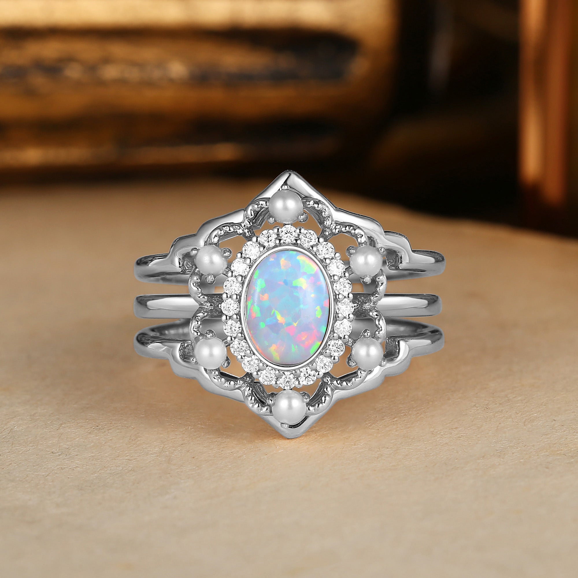 Opaline - Opal & Pearl Halo Vintage Engagement Ring Set 2pcs