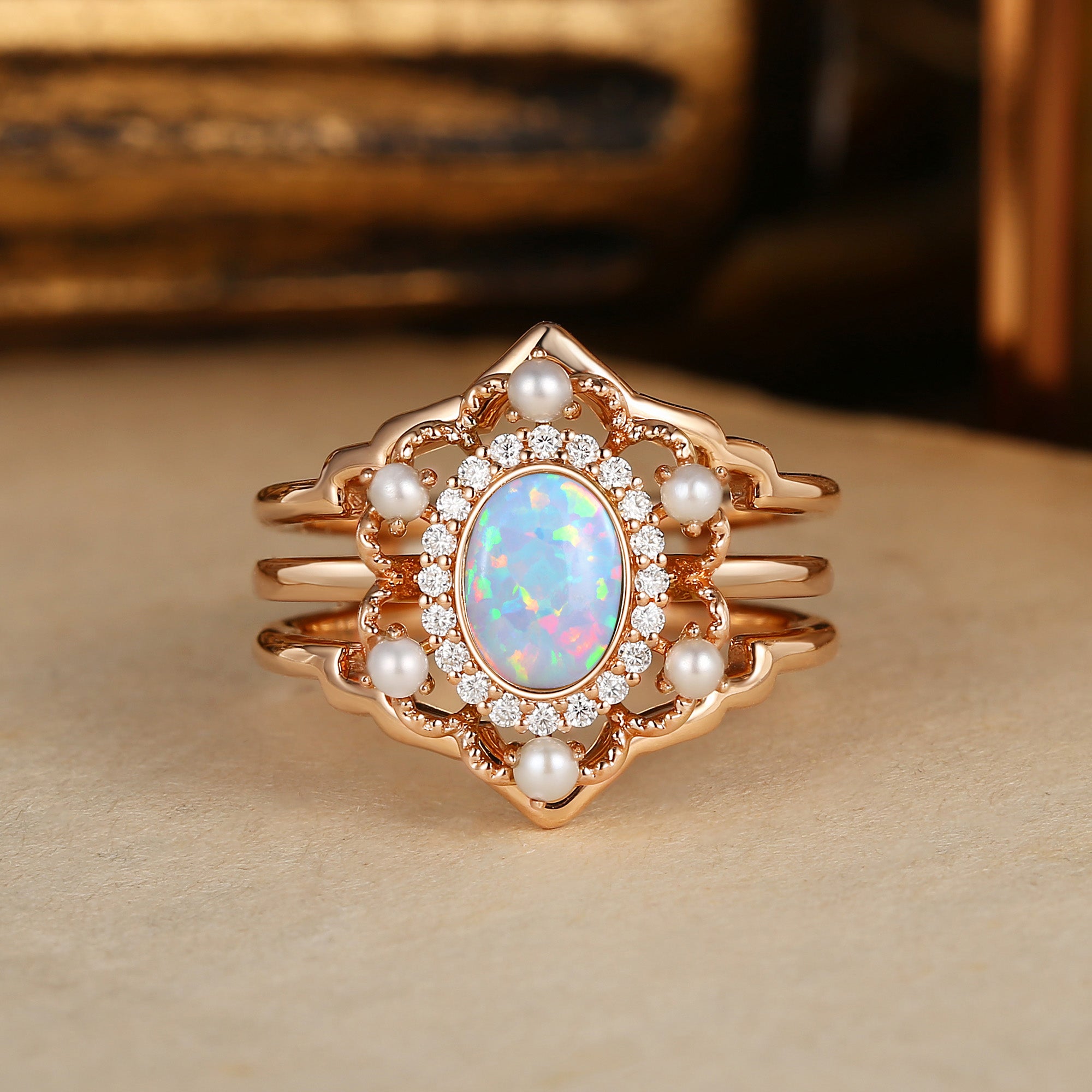 Opaline - Opal & Pearl Halo Vintage Engagement Ring Set 2pcs