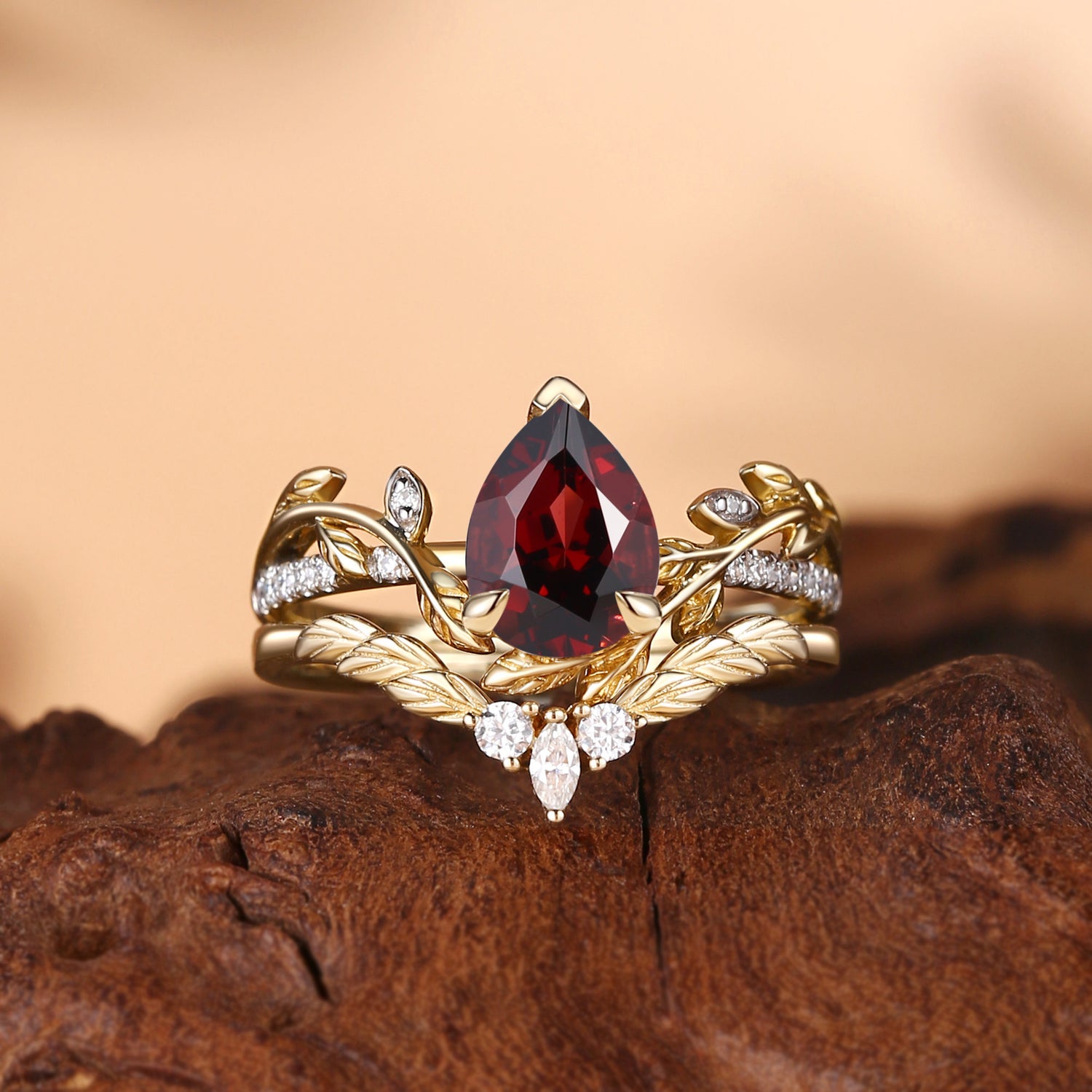 Jora - Pear Cut Garnet Nature Inspired Leafy Bridal Set 2pcs