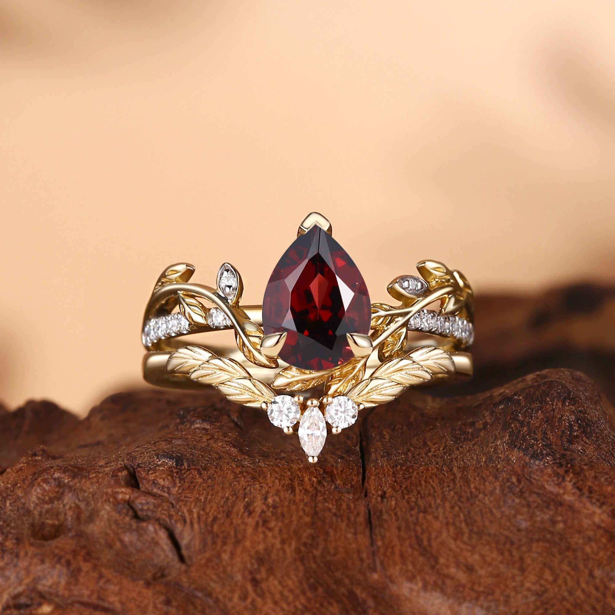 Jora - Pear Cut Garnet Nature Inspired Leafy Bridal Set 2pcs