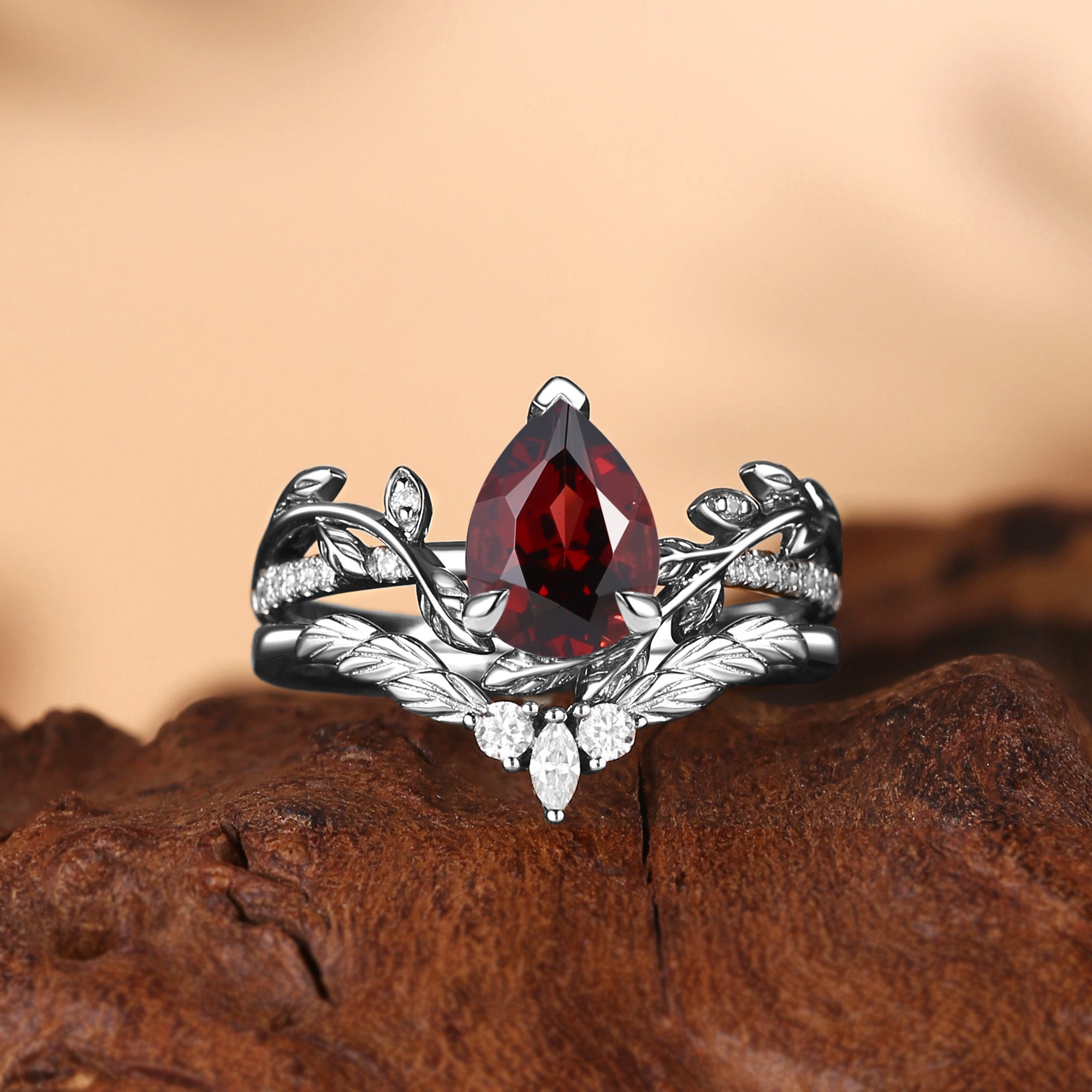 Jora - Pear Cut Garnet Nature Inspired Leafy Bridal Set 2pcs