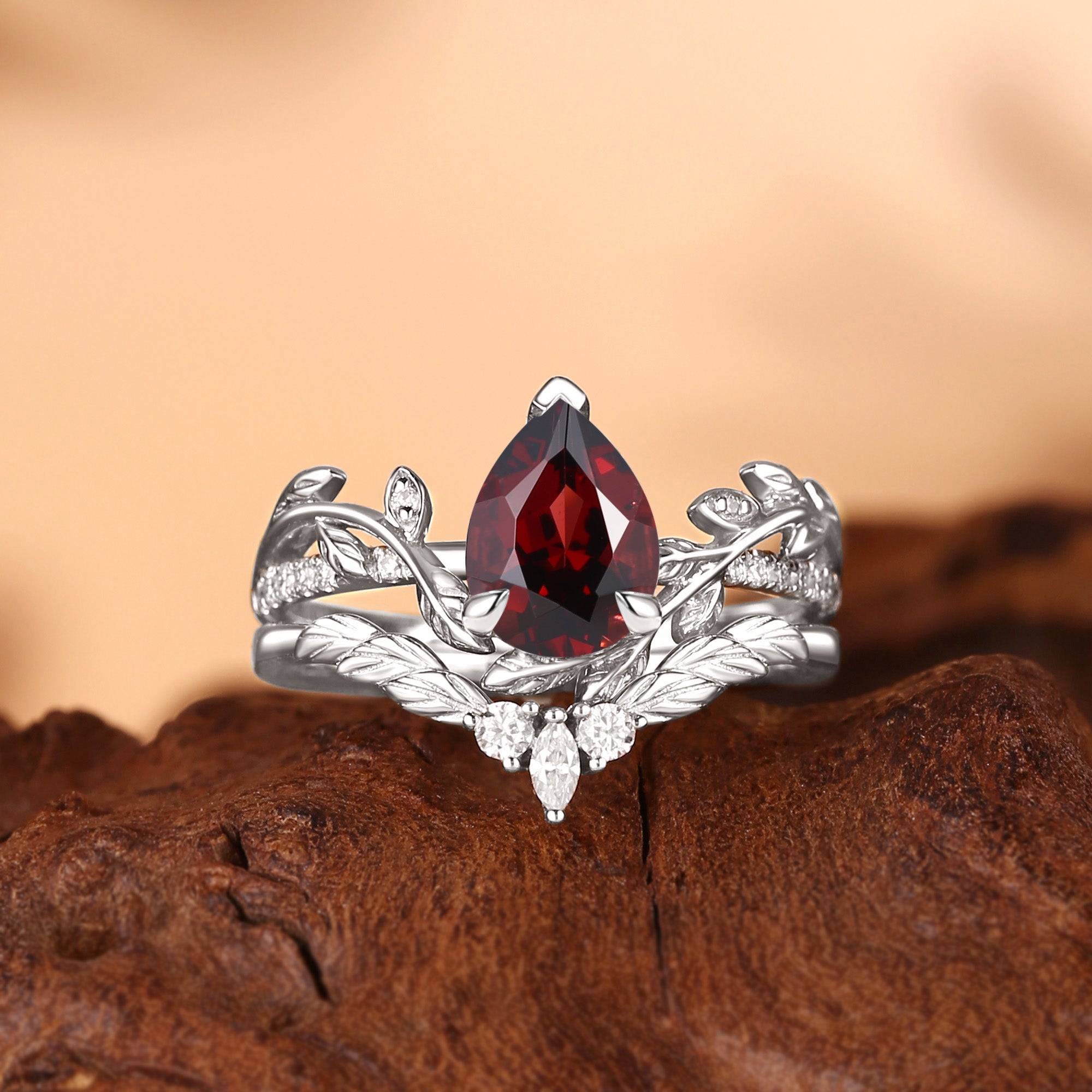 Jora - Pear Cut Garnet Nature Inspired Leafy Bridal Set 2pcs