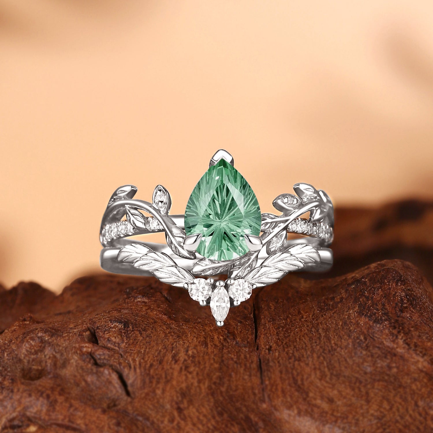 Jora - Pear Firework Cut Green Sapphire Nature Inspired Leafy Bridal Set 2pcs