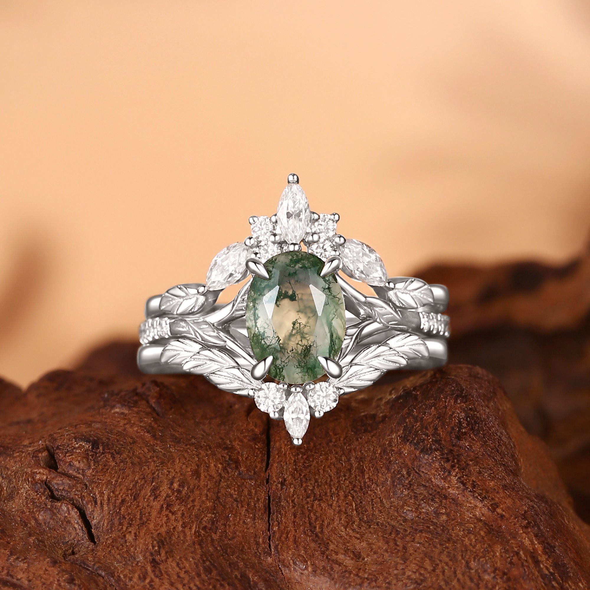 Dahlia - Oval Cut Moss Agate Leafy Cluster Bridal Set 3pcs