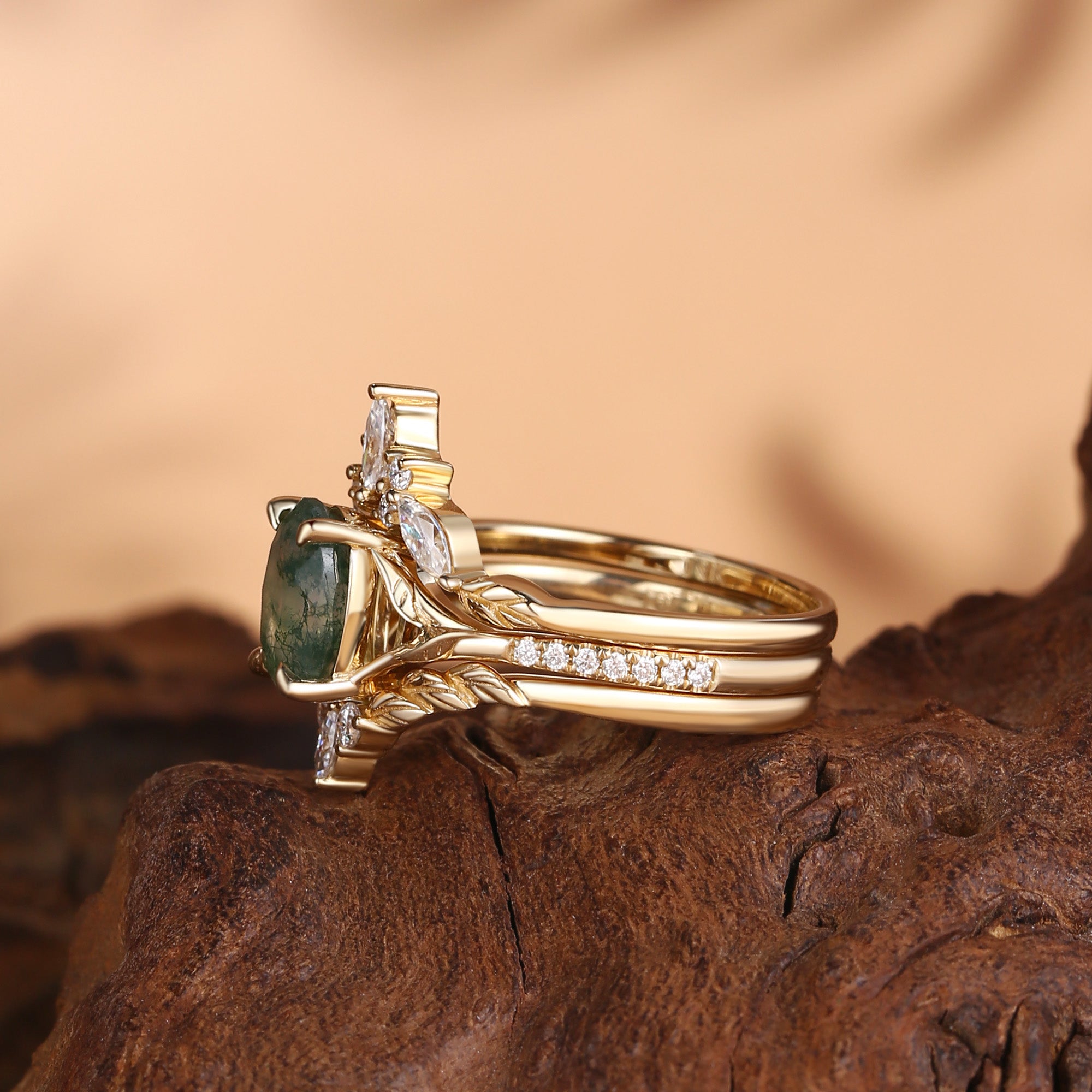 Dahlia - Oval Cut Moss Agate Leafy Cluster Bridal Set 3pcs