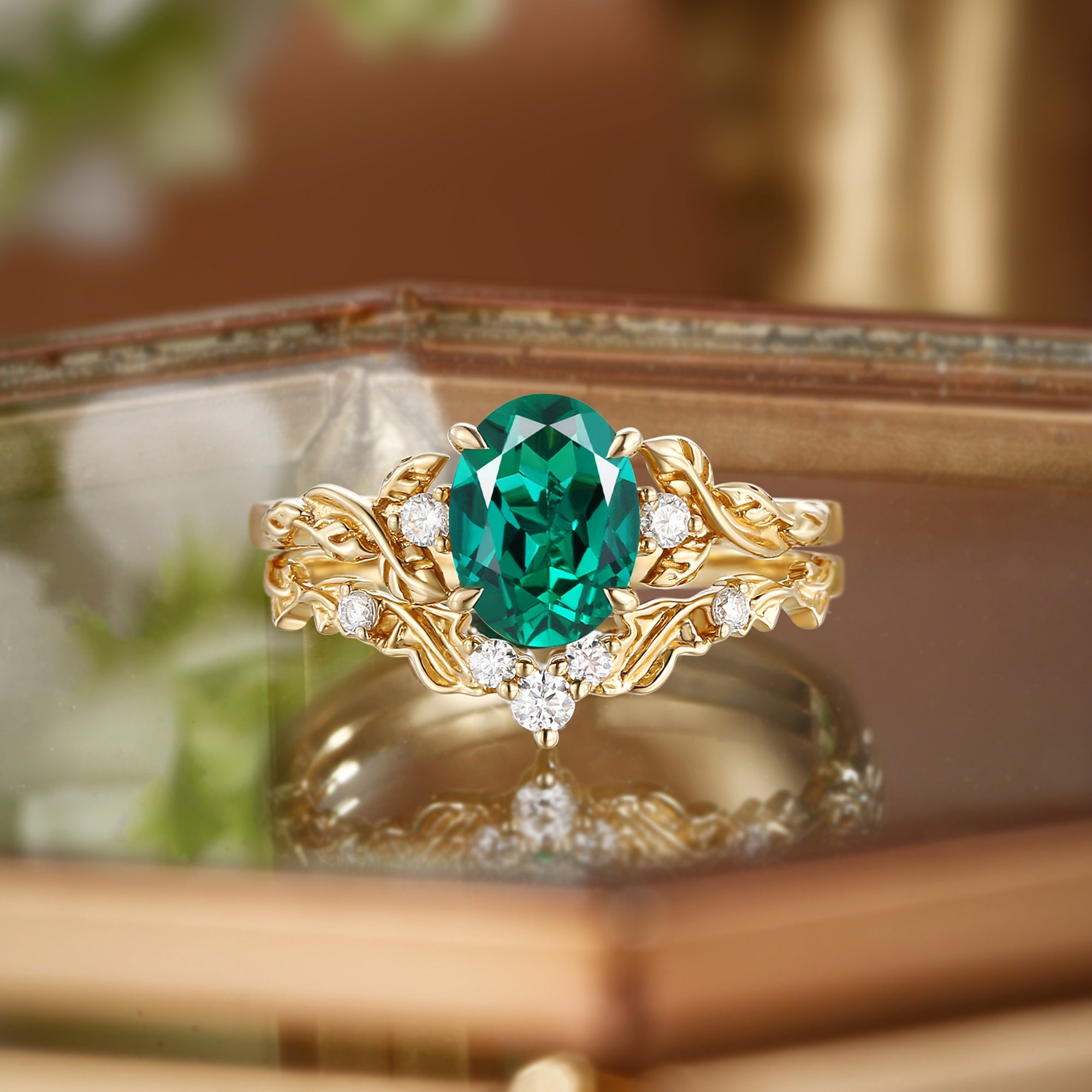 Eden - Oval Cut Lab Emerald Leaf Branch Engagement Ring Set 2pcs
