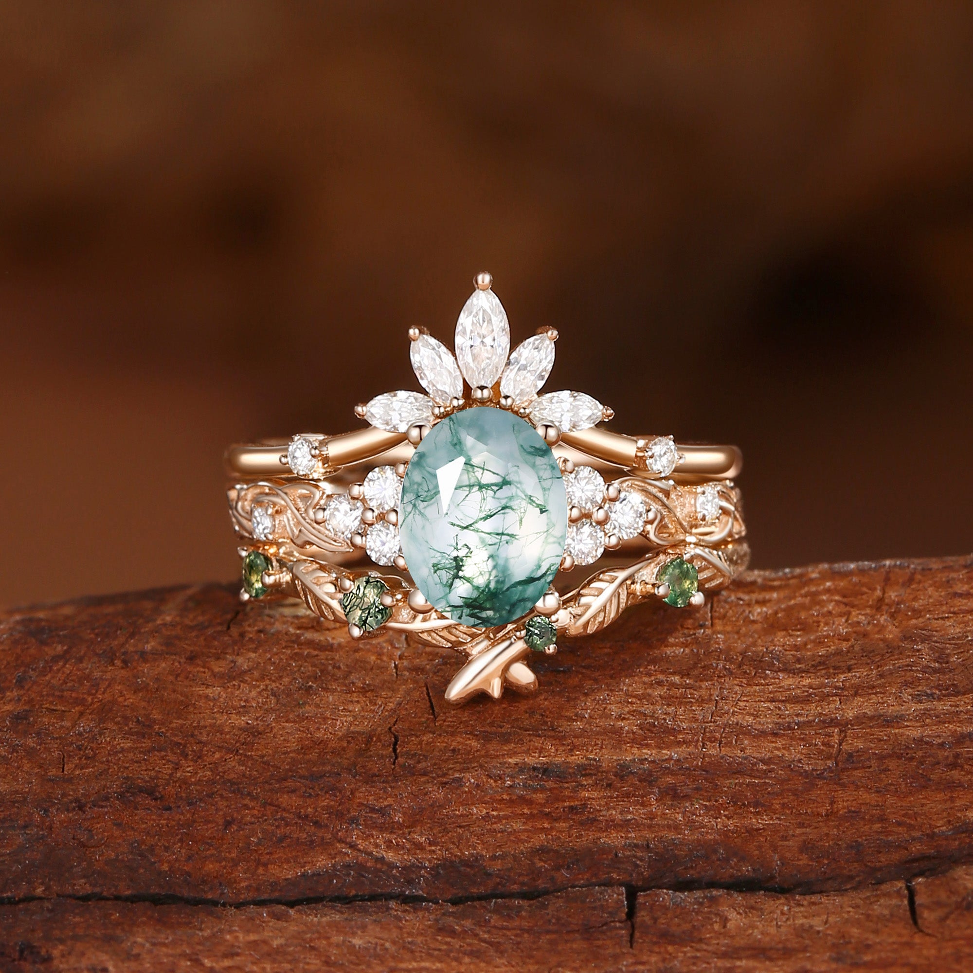 Felicity - Moss Agate Cluster Leafy Bridal Set 3pcs