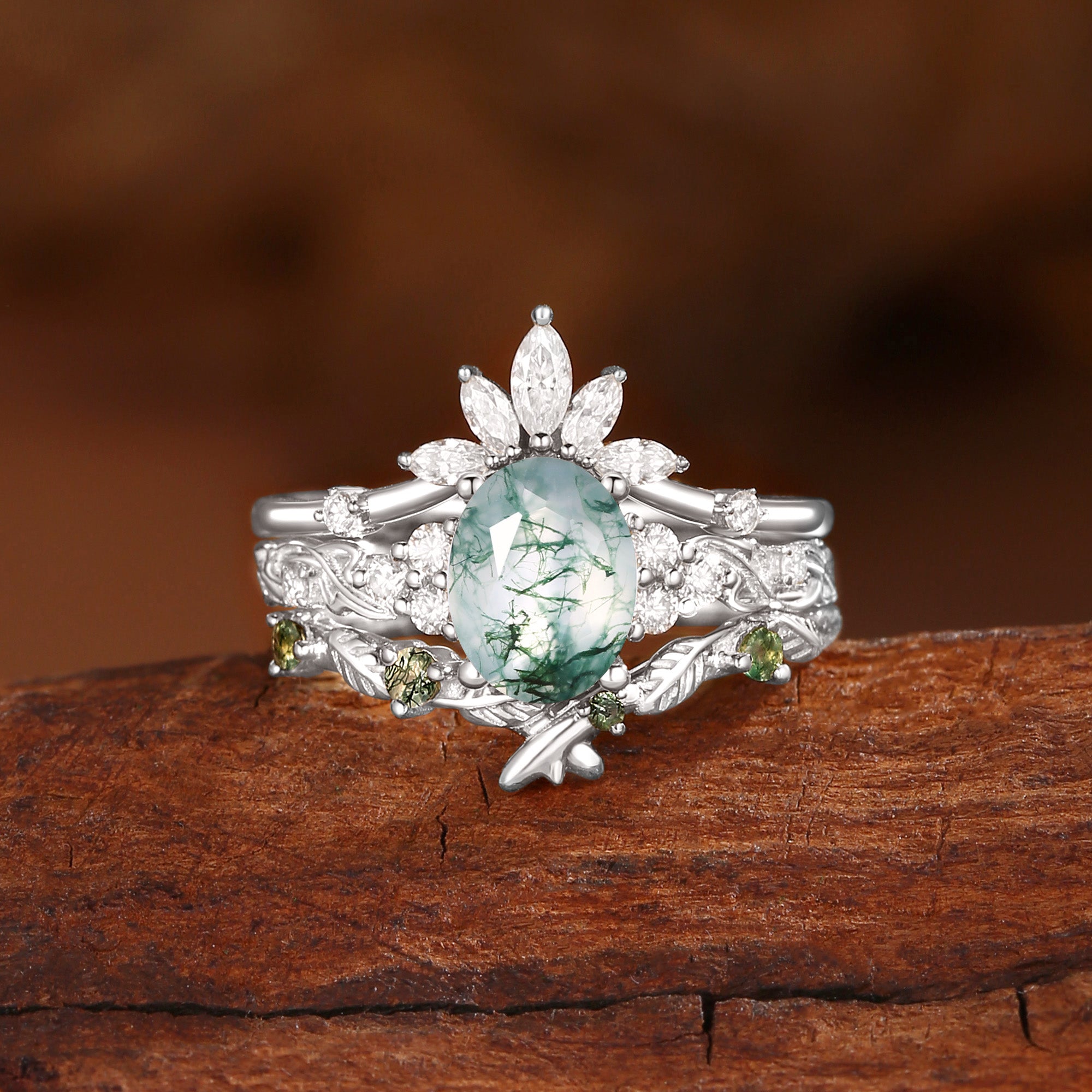 Felicity - Moss Agate Cluster Leafy Bridal Set 3pcs