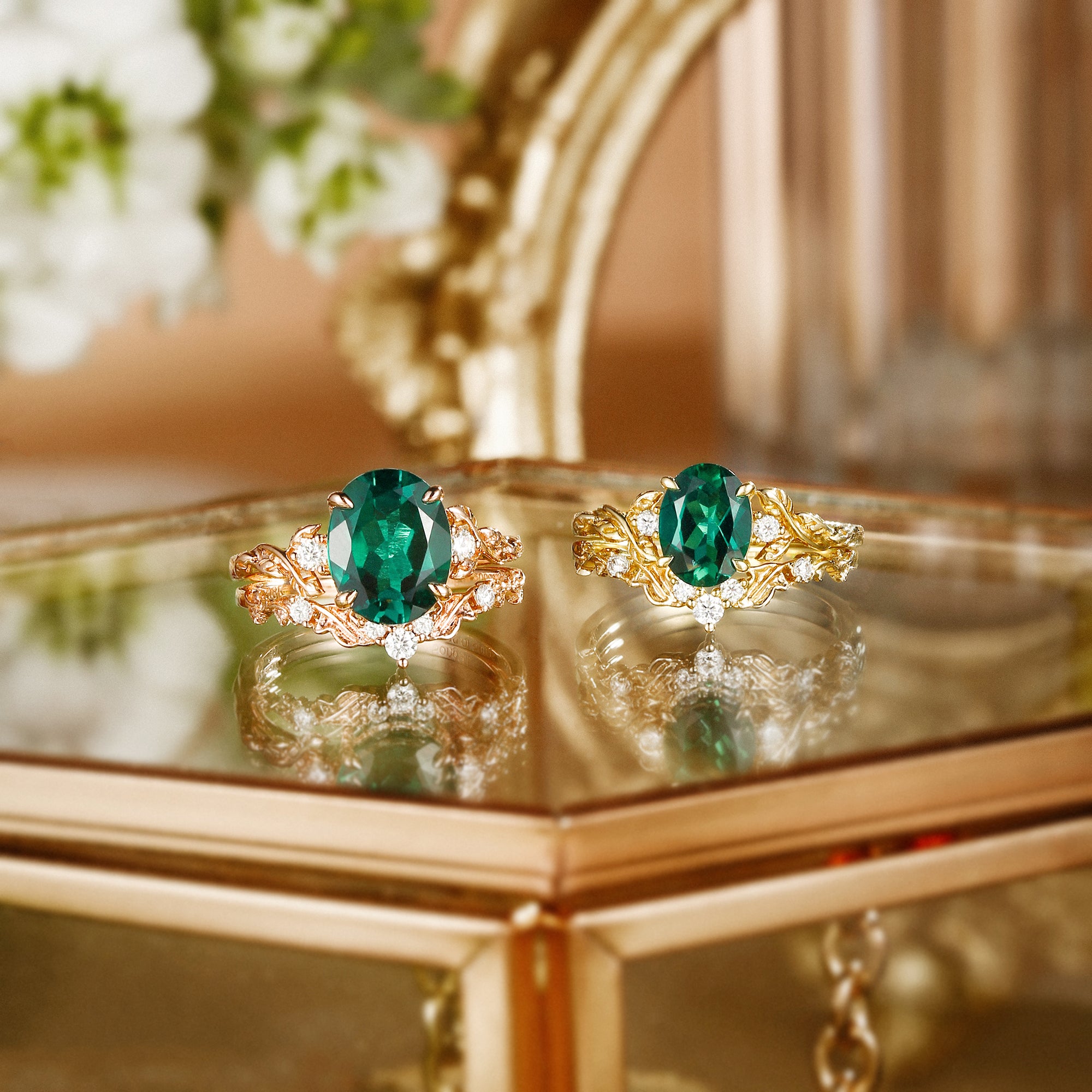 Eden - Oval Cut Lab Emerald Leaf Branch Engagement Ring Set 2pcs