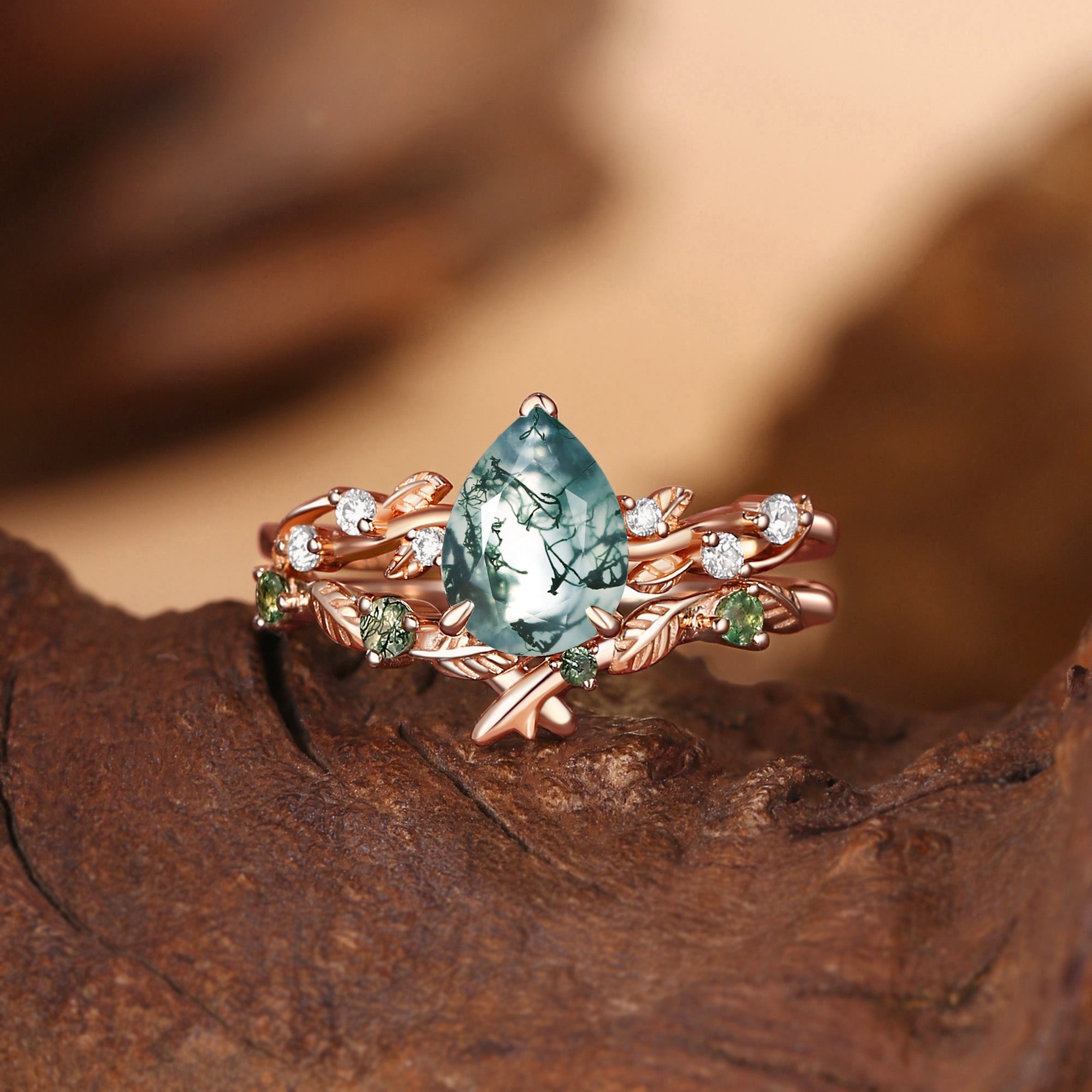 Clarissa - Pear Cut Moss Agate Leafy Bridal Set 2pcs