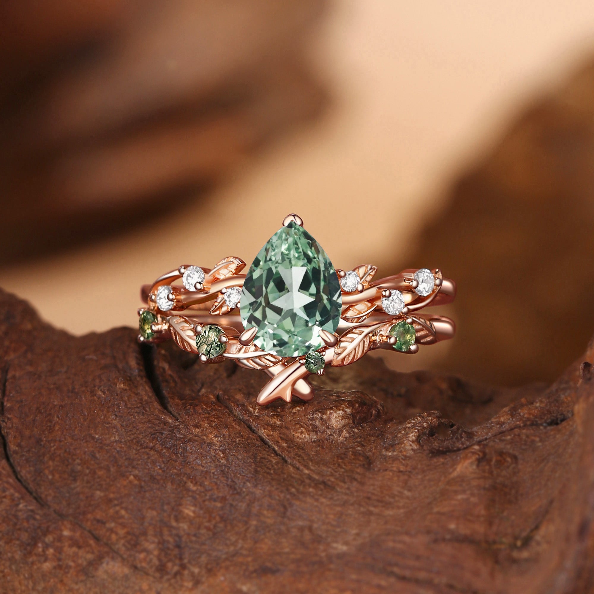 Clarissa - Pear Cut Lab Green Sapphire Leafy Bridal Set 2pcs