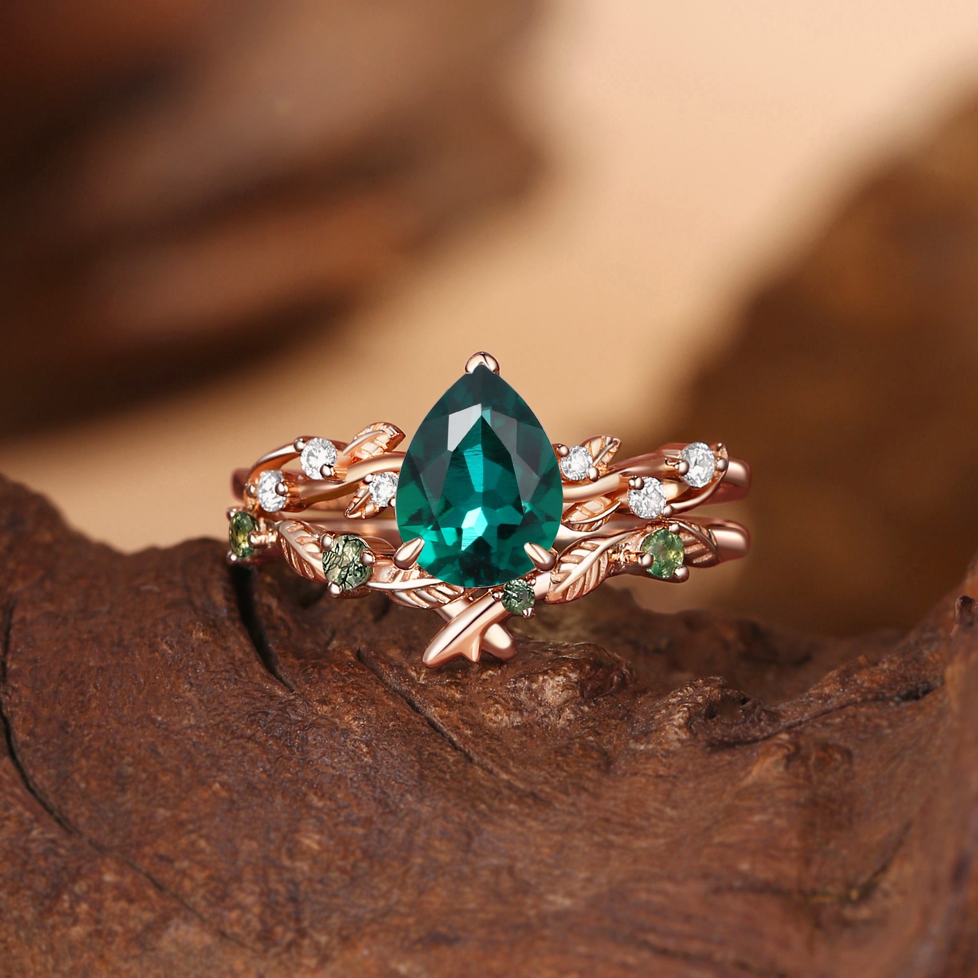 Clarissa - Pear Cut Lab Emerald Leafy Bridal Set 2pcs