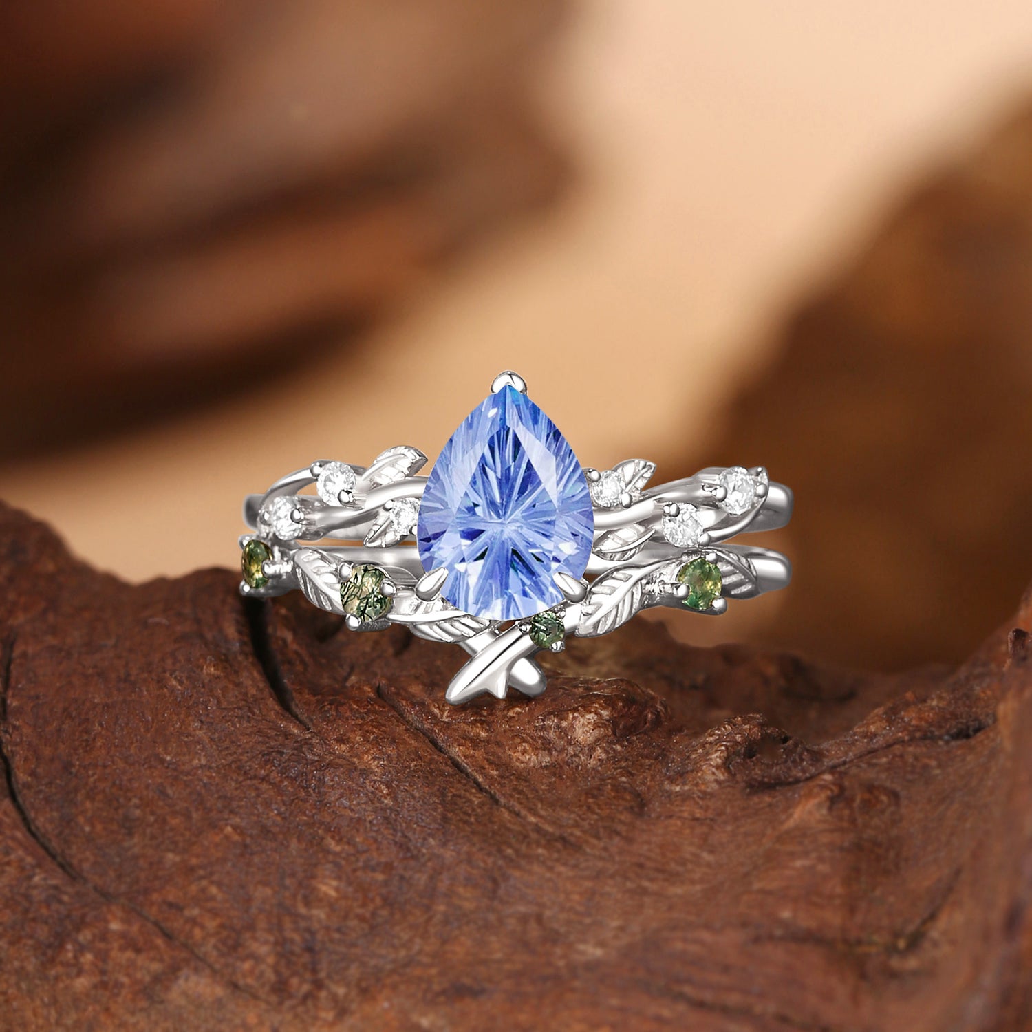Clarissa - Firework Cut Cornflower Blue Sapphire Leafy Bridal Set 2pcs