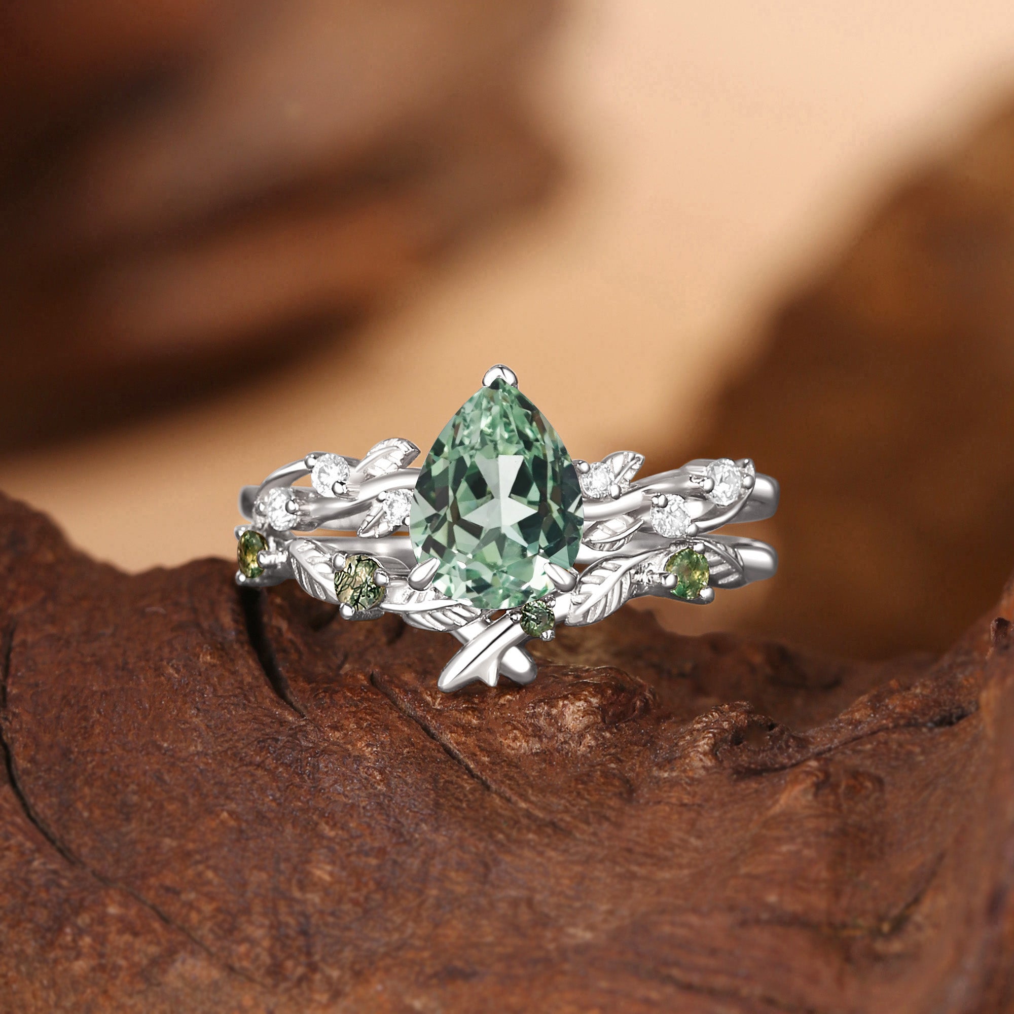 Clarissa - Pear Cut Lab Green Sapphire Leafy Bridal Set 2pcs