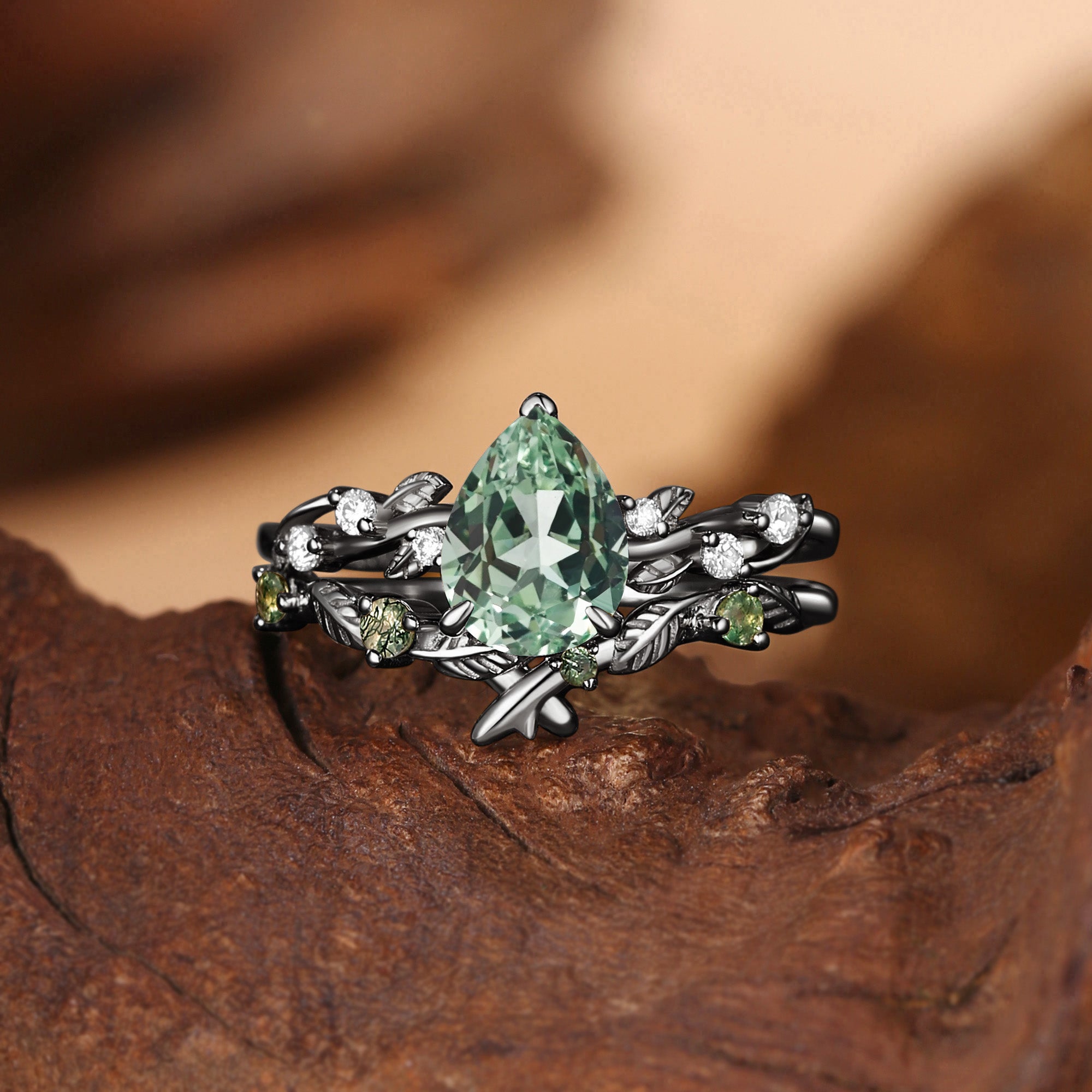 Clarissa - Pear Cut Lab Green Sapphire Leafy Bridal Set 2pcs