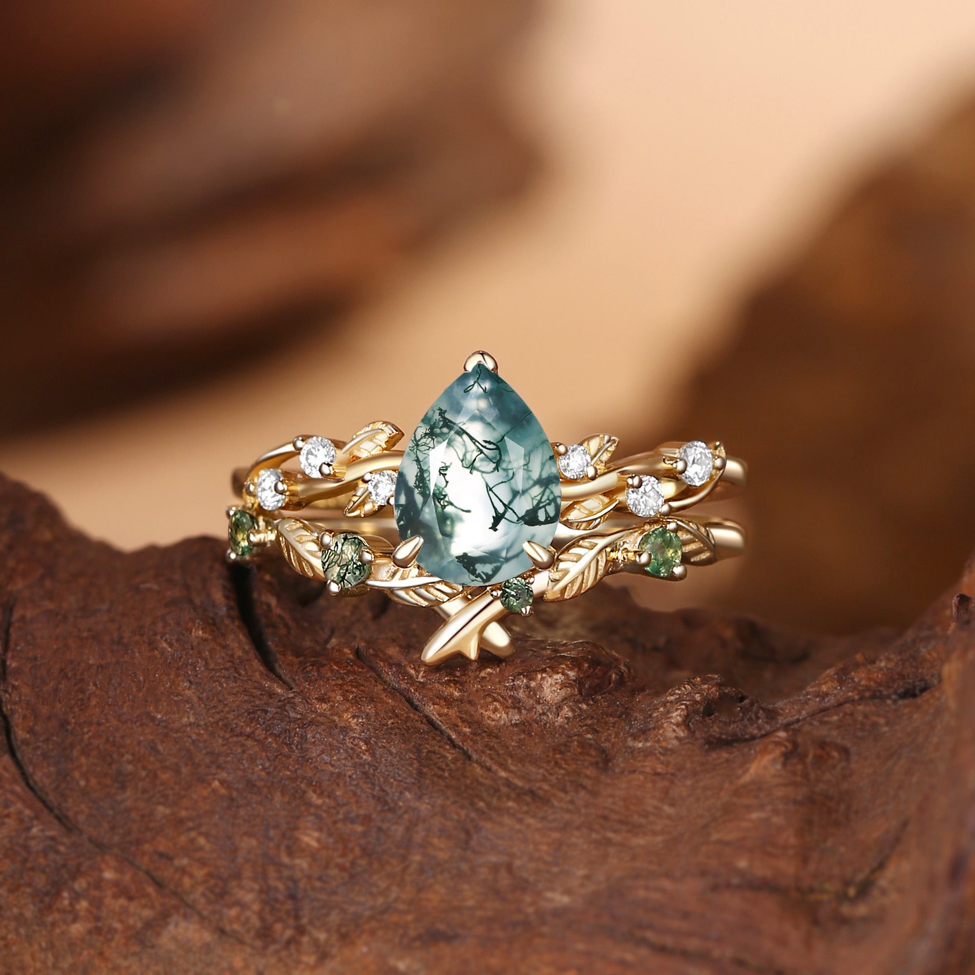 Clarissa - Pear Cut Moss Agate Leafy Bridal Set 2pcs