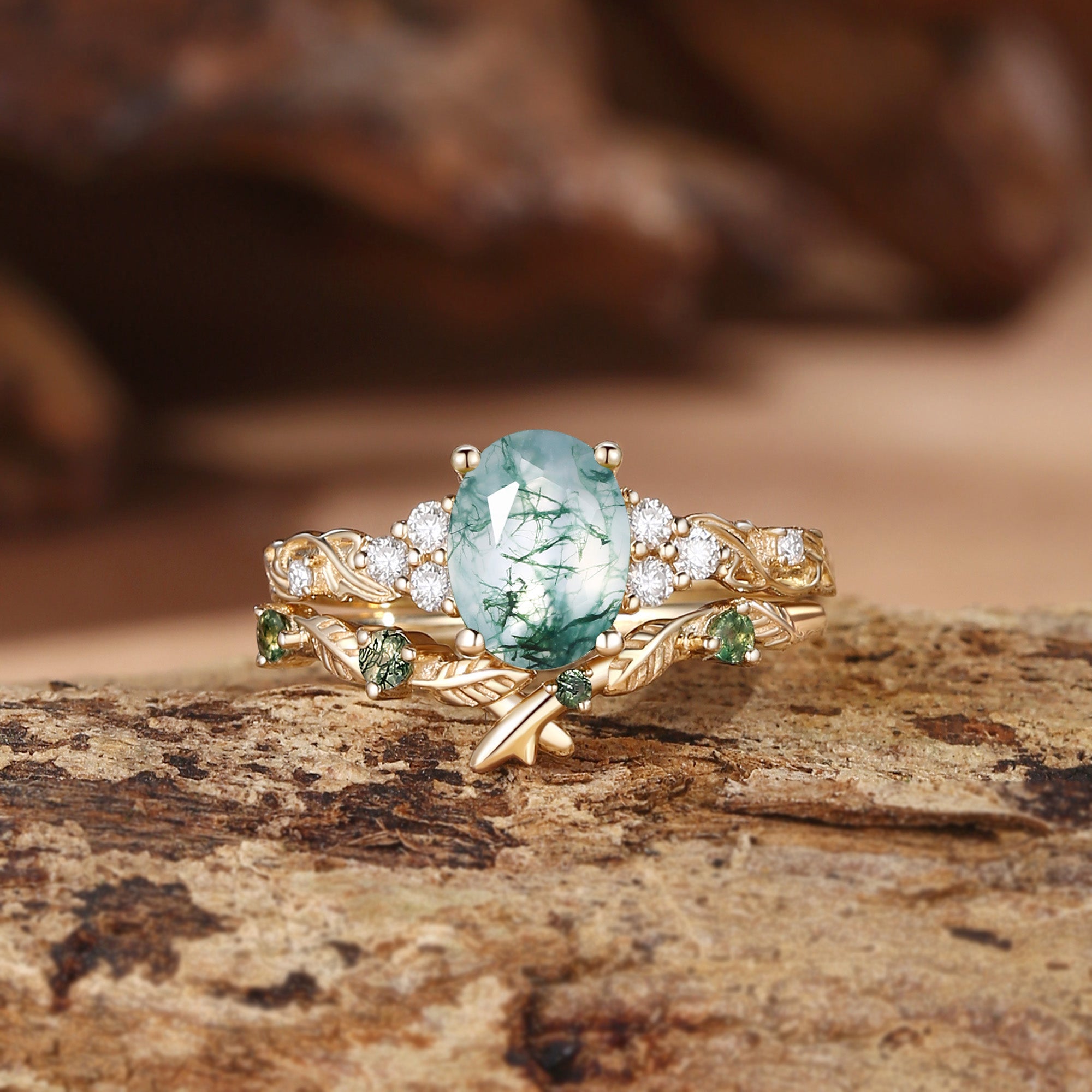 Felicity - Oval Cut Moss Agate Cluster Leafy Bridal Set 2pcs