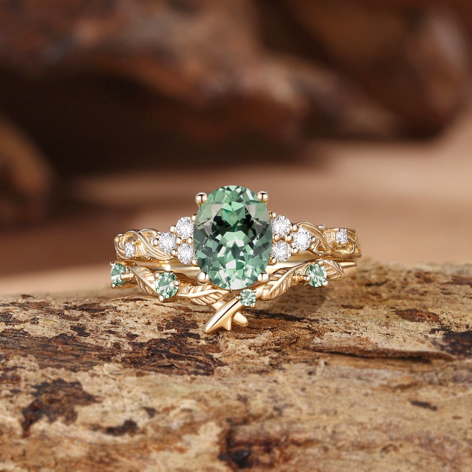 Felicity - Oval Cut Green Sapphire Cluster Leafy Bridal Set 2pcs