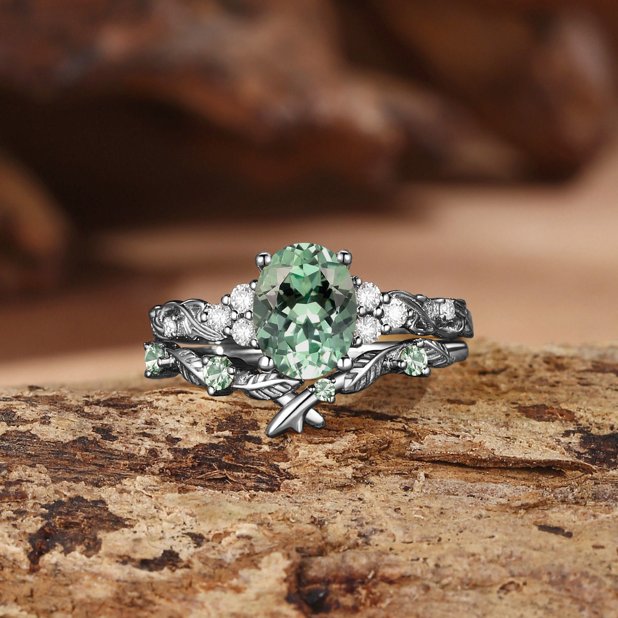 Felicity - Oval Cut Green Sapphire Cluster Leafy Bridal Set 2pcs