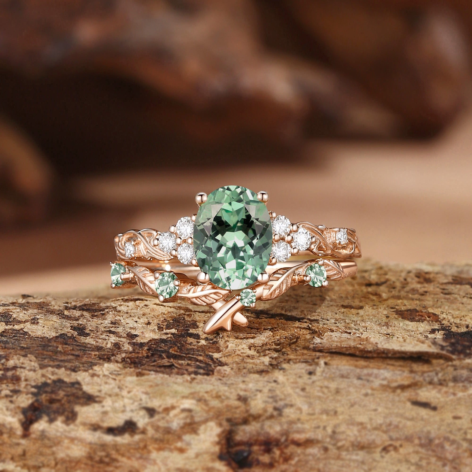 Felicity - Oval Cut Green Sapphire Cluster Leafy Bridal Set 2pcs