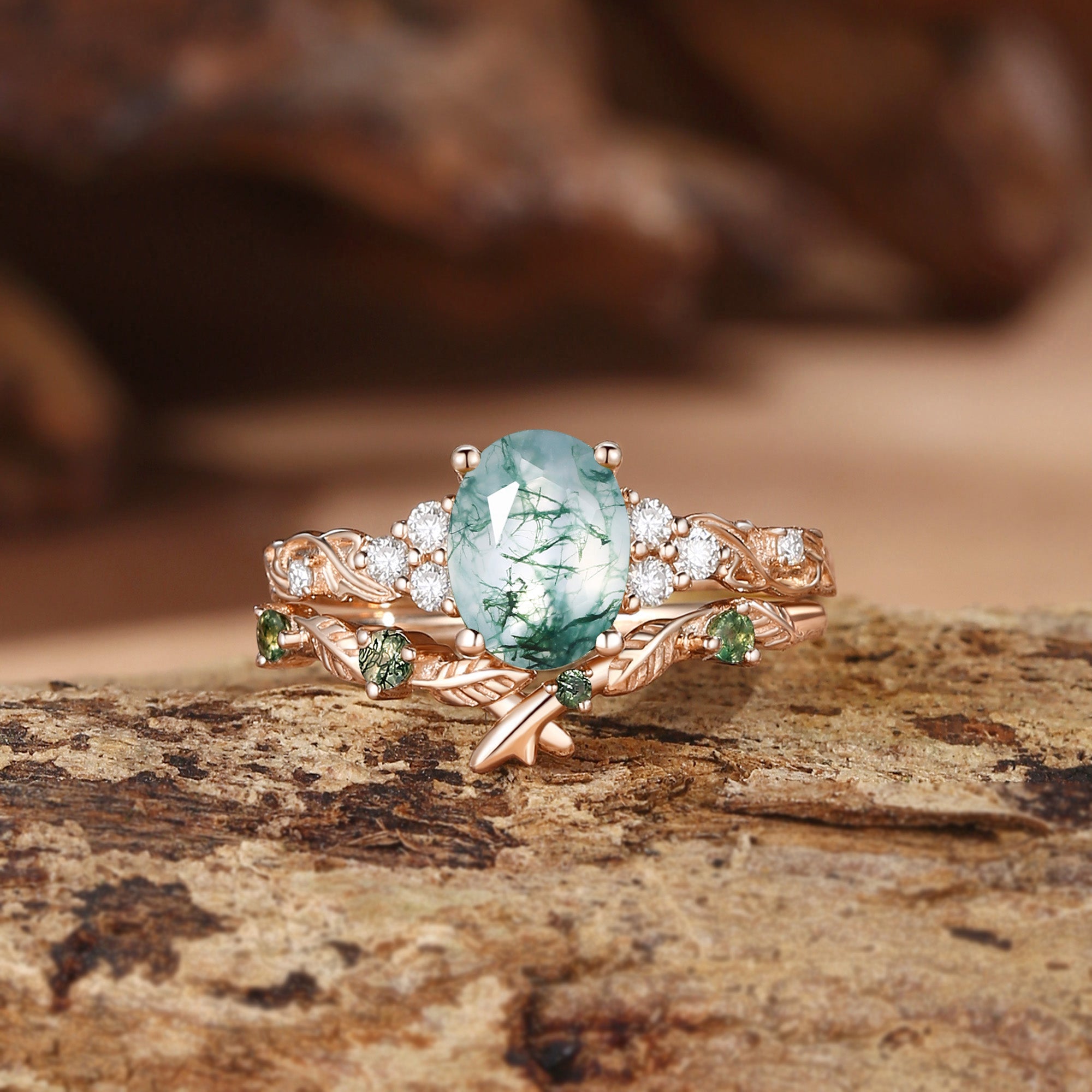 Felicity - Oval Cut Moss Agate Cluster Leafy Bridal Set 2pcs