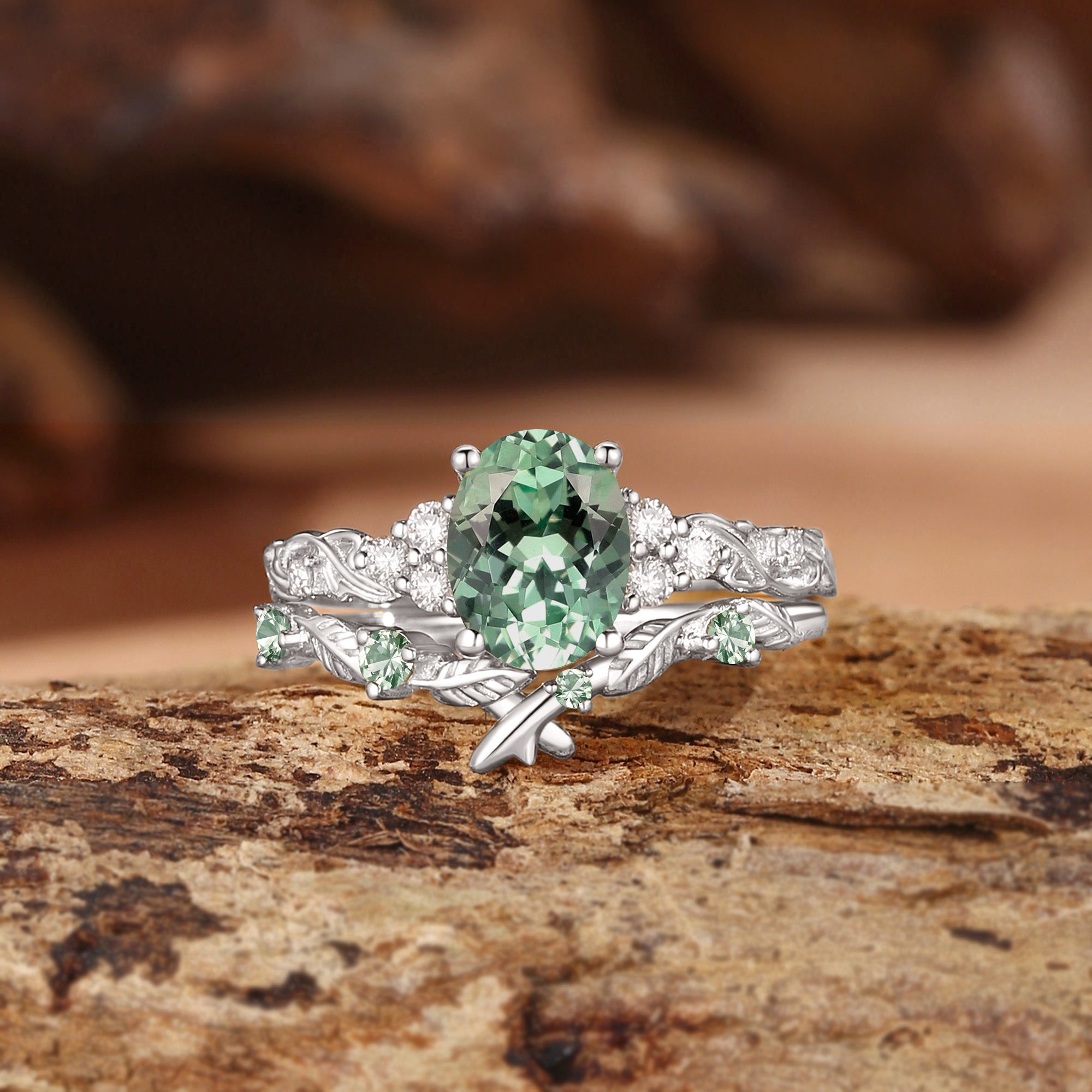 Felicity - Oval Cut Green Sapphire Cluster Leafy Bridal Set 2pcs