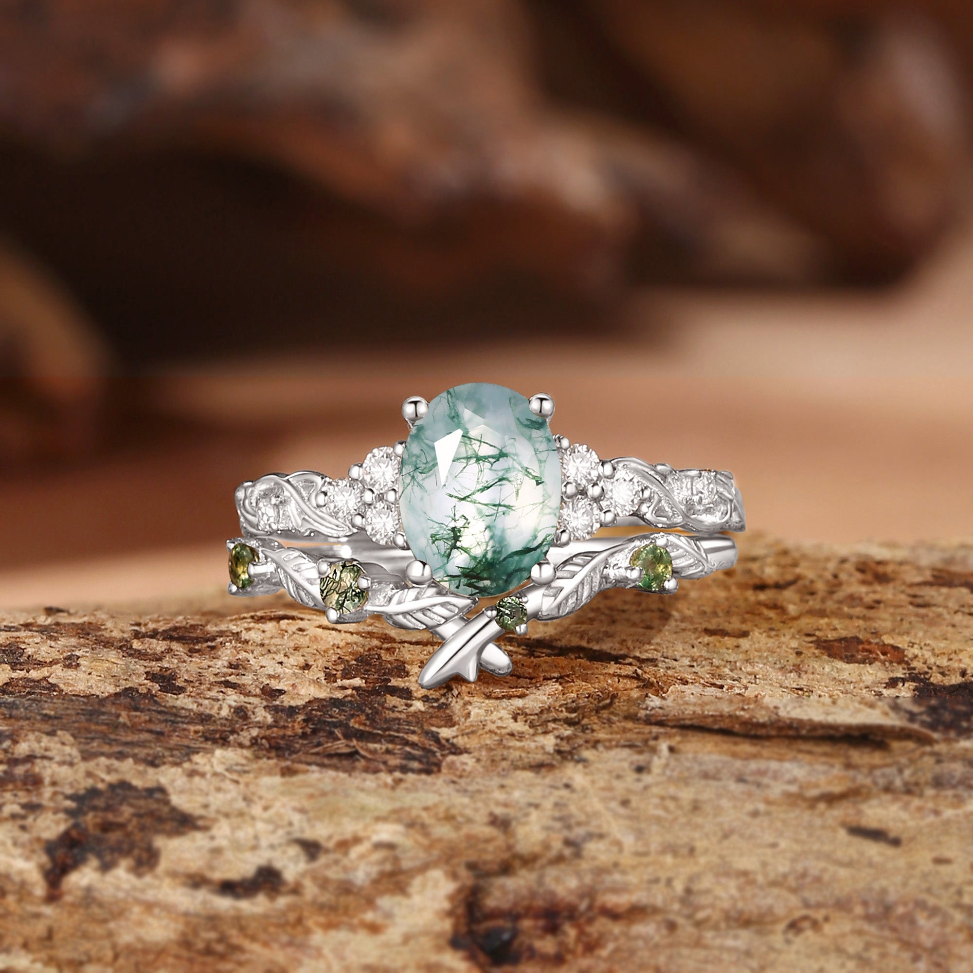 Felicity - Oval Cut Moss Agate Cluster Leafy Bridal Set 2pcs