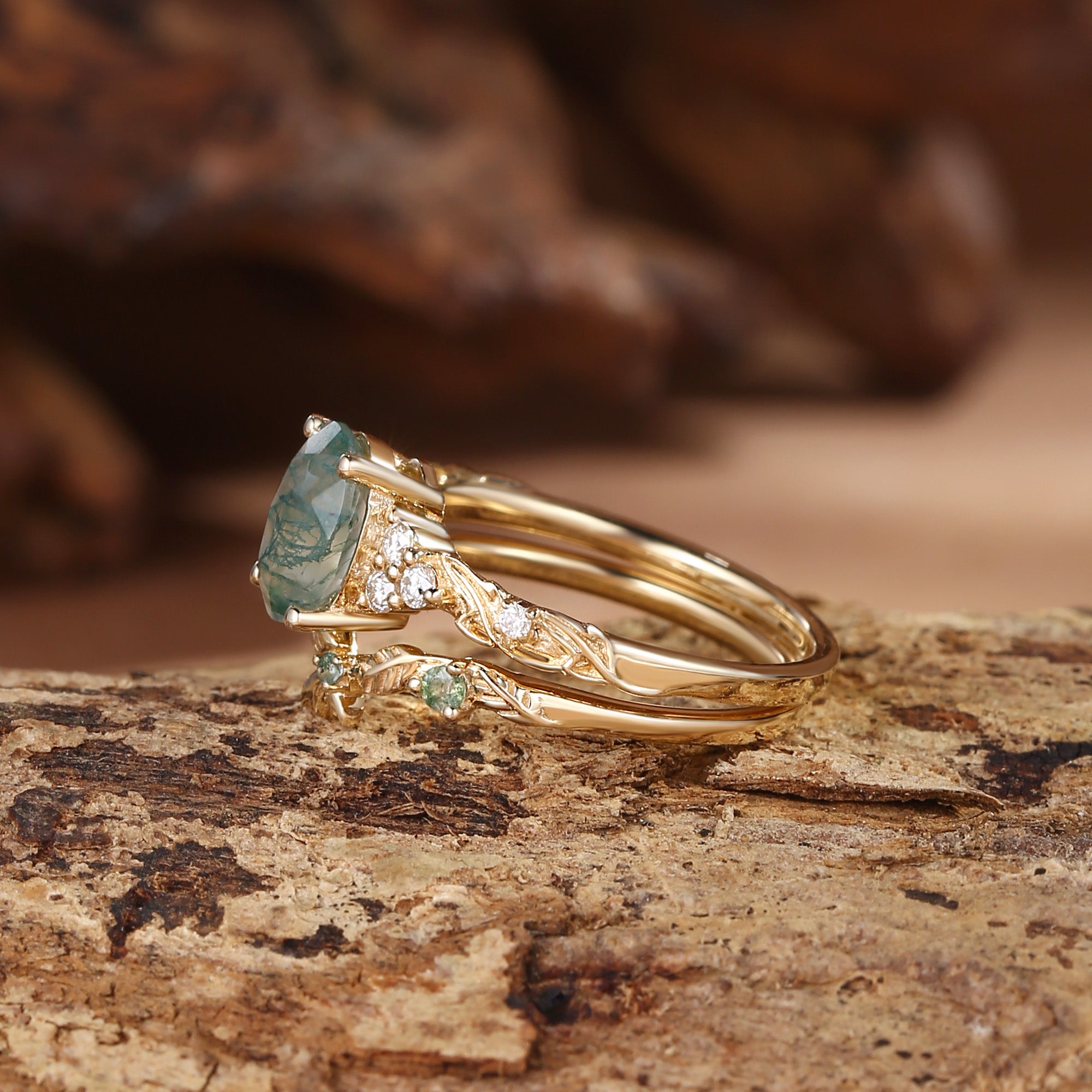 Felicity - Oval Cut Moss Agate Cluster Leafy Bridal Set 2pcs